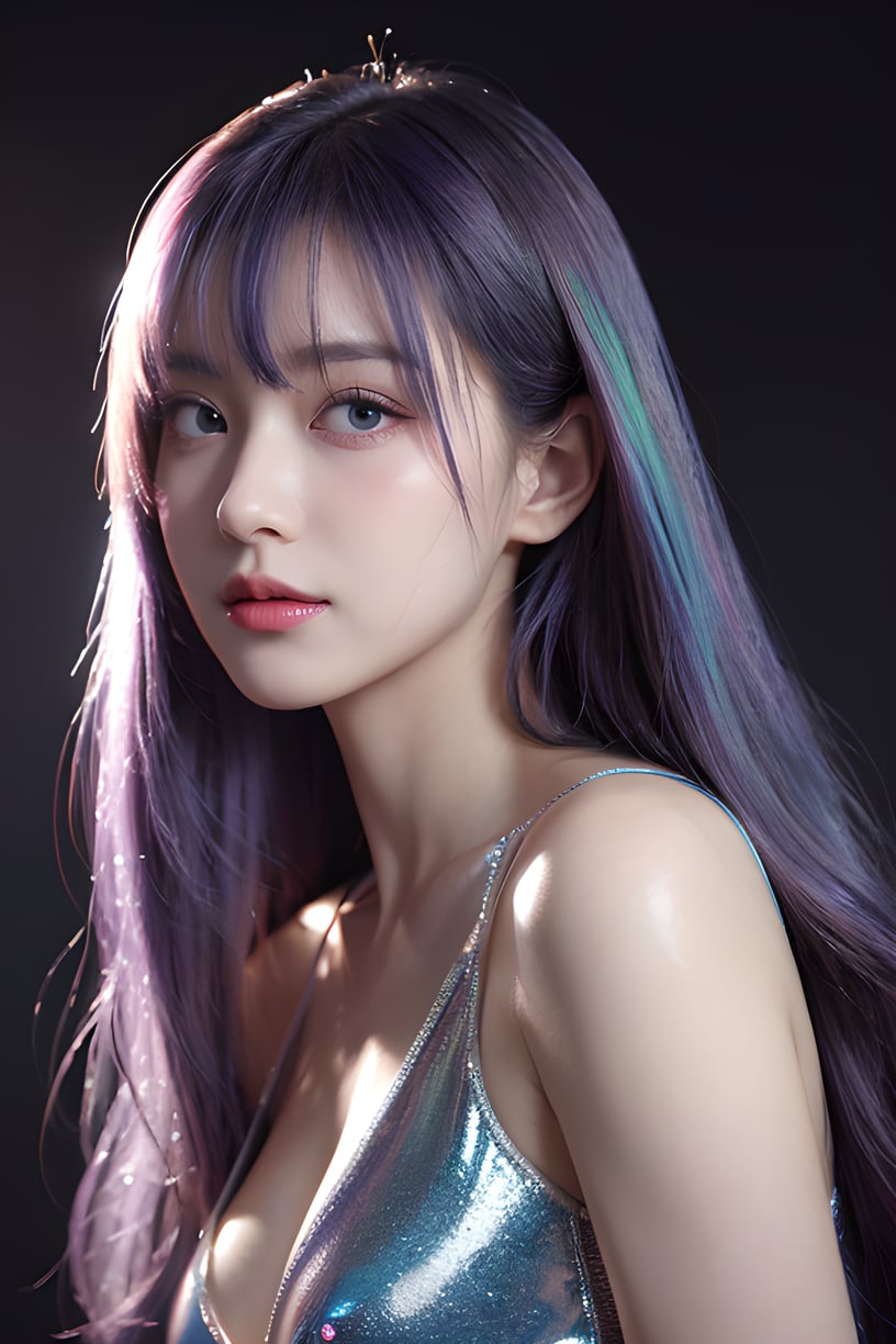 1girl, solo, blue eyes, hair over one eye, smile, looking at viewer, upper body,(holo hair), (close eyes),(purple|blue hair),breasts, lips, bangs, nose, closed mouth, medium breasts, realistic, simple background,(realistic:1.5),masterpiece, Extremely detailed CG unity 8k wallpaper, best quality, highres:1.2),(ultra_detailed, UHD:1.2),(pixiv:1.3),perfect illumination,distinct,unreal engine,sidelighting,perfect face,detailed face,beautiful eyes,pretty face,(bright skin:1.3),idol,ulzzang-6500-v1.1,soft smile,(simple background),(depth of field),(ringed eyes:1.4), (holo,holographic hair,holographic body),water, holo water,  <lora:YG极致写实极品美女:0.75>,