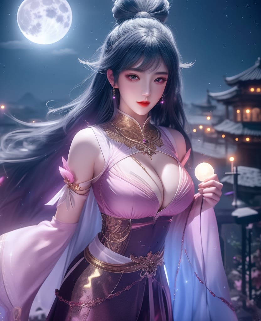 <lora:斗罗大陆-唐舞桐-海神缘:0.8> (,1girl, ,best quality, ),looking at viewer,  ,ultra detailed background,ultra detailed background,ultra realistic 8k cg,, ,masterpiece, (( , )),, ,   ,   cure blossom, full moon,night,night sky,  (cleavage), (), ,,