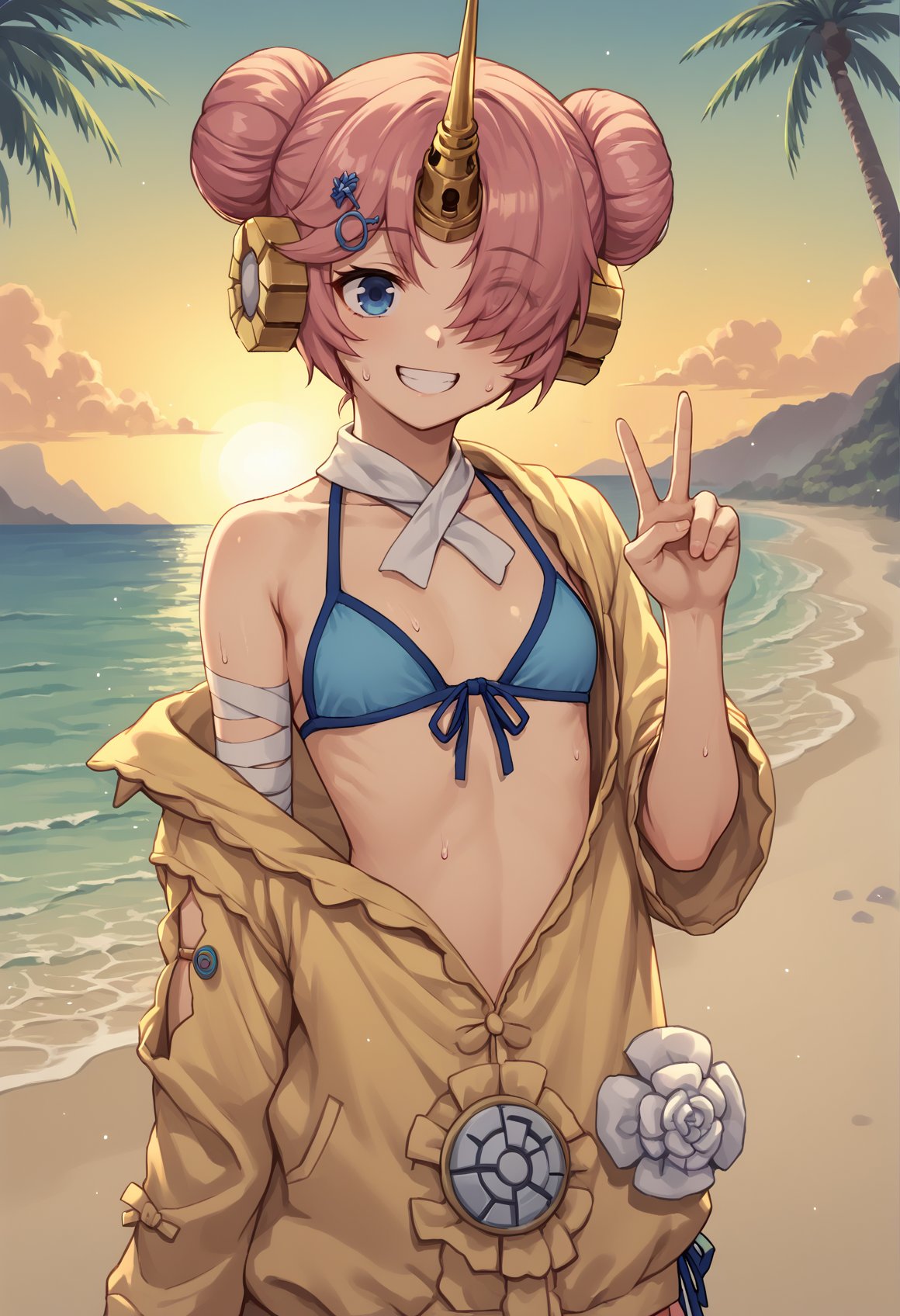 pink hair, hair bun, double bun, heterochromia, blue eyes, yellow eyes, hair over one eye, single horn, mechanical horn, hair ornament, hairpin, bandages, flower, blue bikini, asymmetrical sleeves, jacket, sweat, oudtoors, beach, standing, smile, sunset, tree palm, v <lora:Fran:1>, score_9, score_8_up, score_7_up, score_6_up, score_5_up, score_4_up, BREAK source_anime, masterpiece