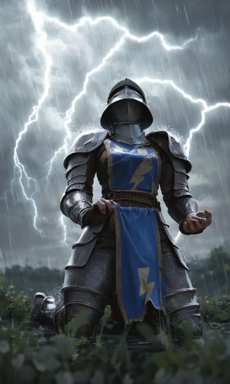 score_9, score_8_up, score_7_up, BREAK, medieval fantasy, knight, raining, storm, tabard, lightning, kneeling, defeated, portrait, water_drop low-angle view, epic armor, cornfield, rim lighting, depth of field, scenery, <lora:RELSM_v1:.9>