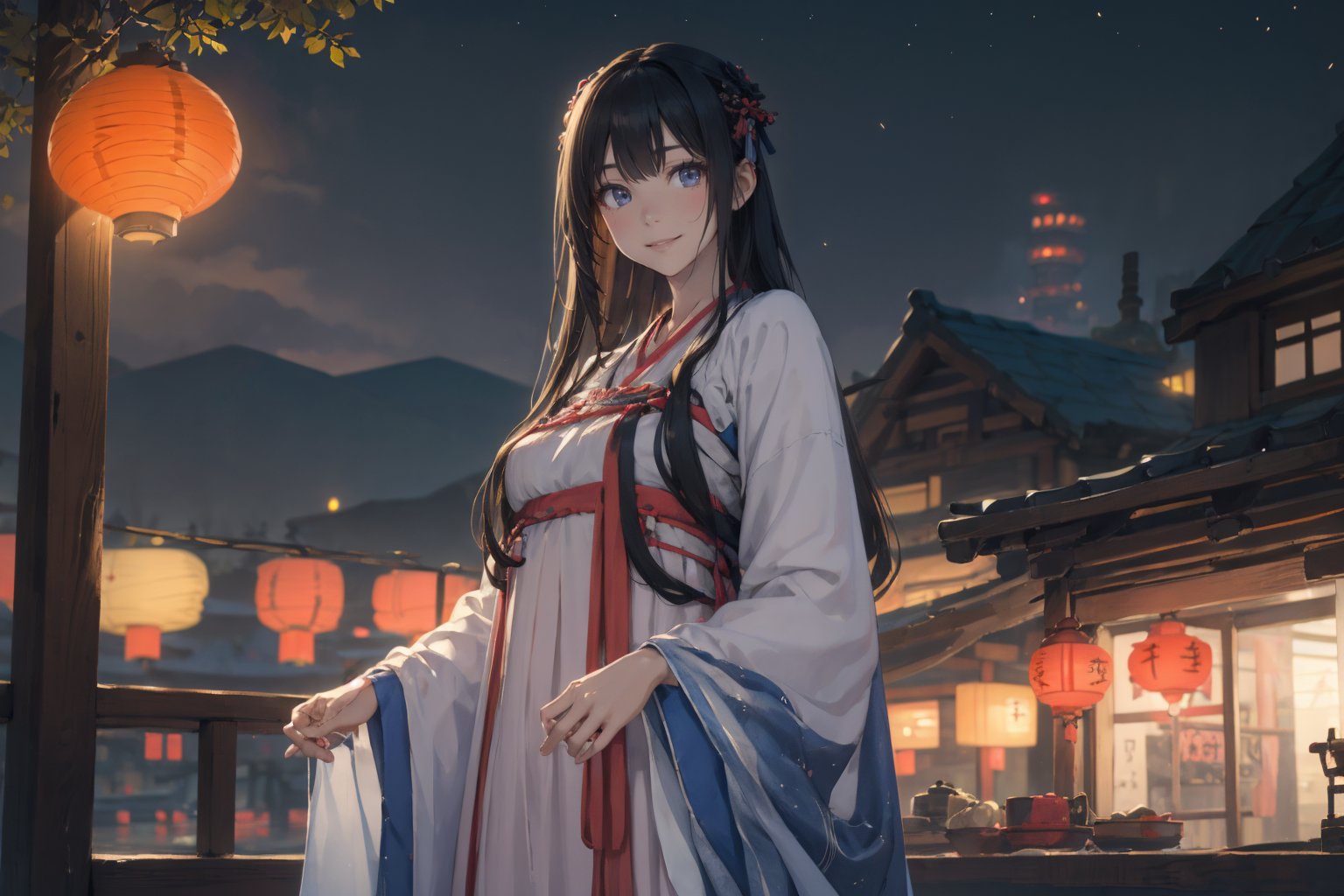 Cinematic Lighting,((night)),panorama,dynamic_angle,((new year)),((lantern festival)),fantasy,realistic,reality,smile,facing viewer,cinematic_angle,masterpiece,best quality,highly detailed,Amazing,finely detail,extremely detailed CG unity 8k wallpaper,score:>=60,gufenghanfu,1girl,looking at viewer,white dress,hanfu,long sleeves,wide sleeves,standing,large breasts,