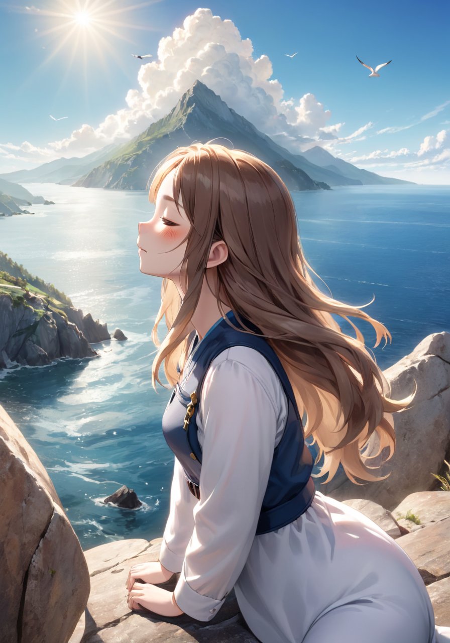 highres,best quality, girl, , animal, animal focus, bird, cat, closed eyes, closed mouth, cloud, day, from behind, long hair, mountainous horizon, ocean, outdoors, rock, scenery, sky, solo, sunlight, water