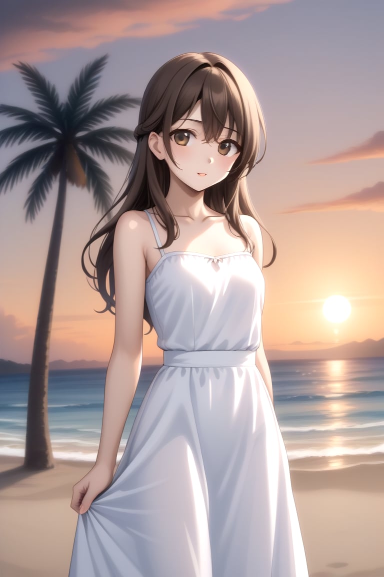 Highly detailed, High Quality, masterpiece, beautiful, BREAK 1boy, solo, male focus, 16 years old, 1boy, Yuu, long hair, collarbone, brown eyes, Brown hair, ((male chest)),BREAK beach, palm trees, sea, outdoors, sunset,BREAK dress, white dress, bare shoulders, BREAK side view, Focus waist, standing<lora:EMS-332415-EMS:0.600000>, <lora:EMS-438743-EMS:0.800000>