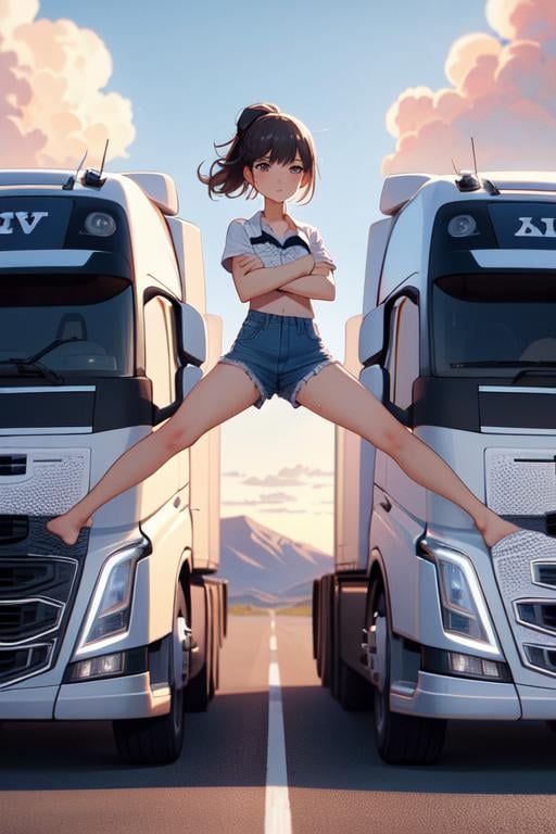 (((masterpiece))), (((best quality))), (((barefoot))), (((epic split))), ((crossed arms)), ((spread legs)), ((outstretched legs)), sky, wind, flare, sunrise, volvo, (truck:0.9), desert road, center line, distant sierra, vanishing point, closed mouth, collar shirt, shorts, solo, 1girl, brown hair, updo, ribbon, sweat, cleavage, big tits, shy, blush, slim figure,<lora:girllikeepicsplit:0.8>