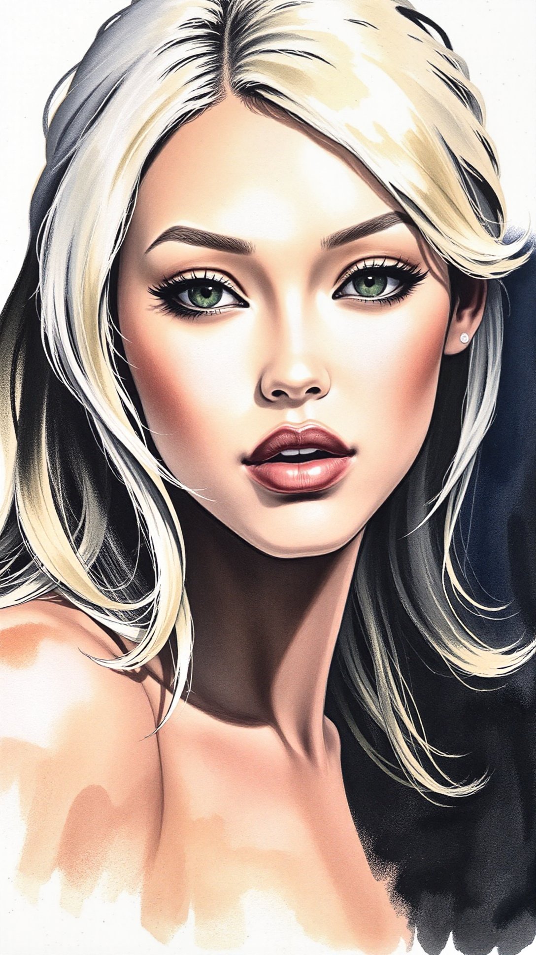 This is a hand-drawn ilustration of a young woman with striking features. She has a fair, glowing complexion with a slight golden undertone, suggesting a healthy, sun-kissed appearance. Her eyes are a piercing shade of green, framed by thick, dark eyelashes. Her hair is a striking, platinum blonde, styled in loose, voluminous waves cascading down her back, with a few strands framing her face. <lora:m4n4r4 v2 by Devildonia:1> m4n4r4