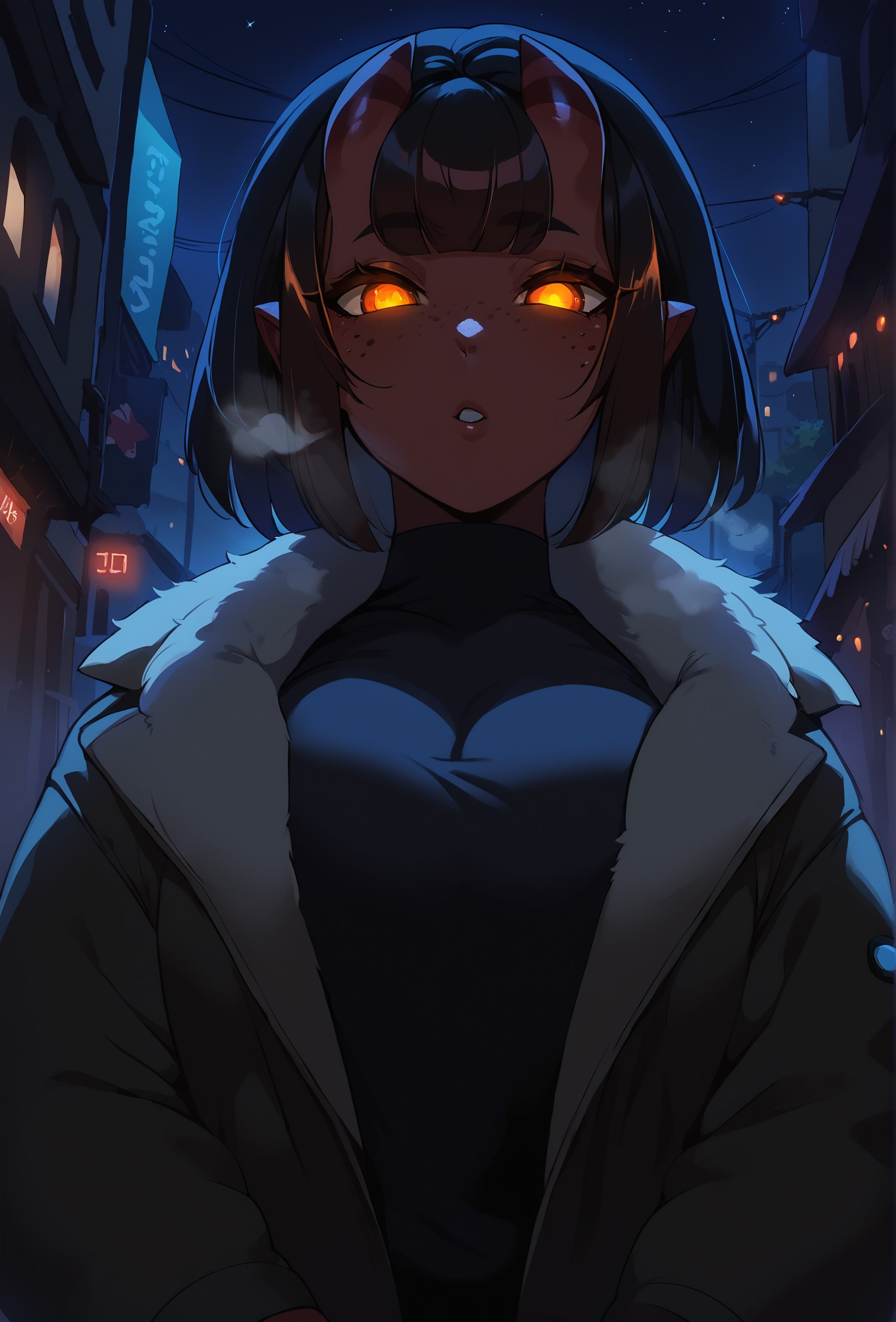 score_9, score_8_up, score_7_up, score_6_up, score_5_up, score_4_up, outdoors, dark theme, low light, urban starry sky, BREAK <lora:meru_succubus_ponyxl_v1_unet:0.75> meru, 1girl, solo, looking at viewer, parted lips, breath, coat, shirt, freckles, large breasts, glowing eyes BREAK <lora:Styles for Pony Diffusion V6 XL (Smooth Anime Night):1>