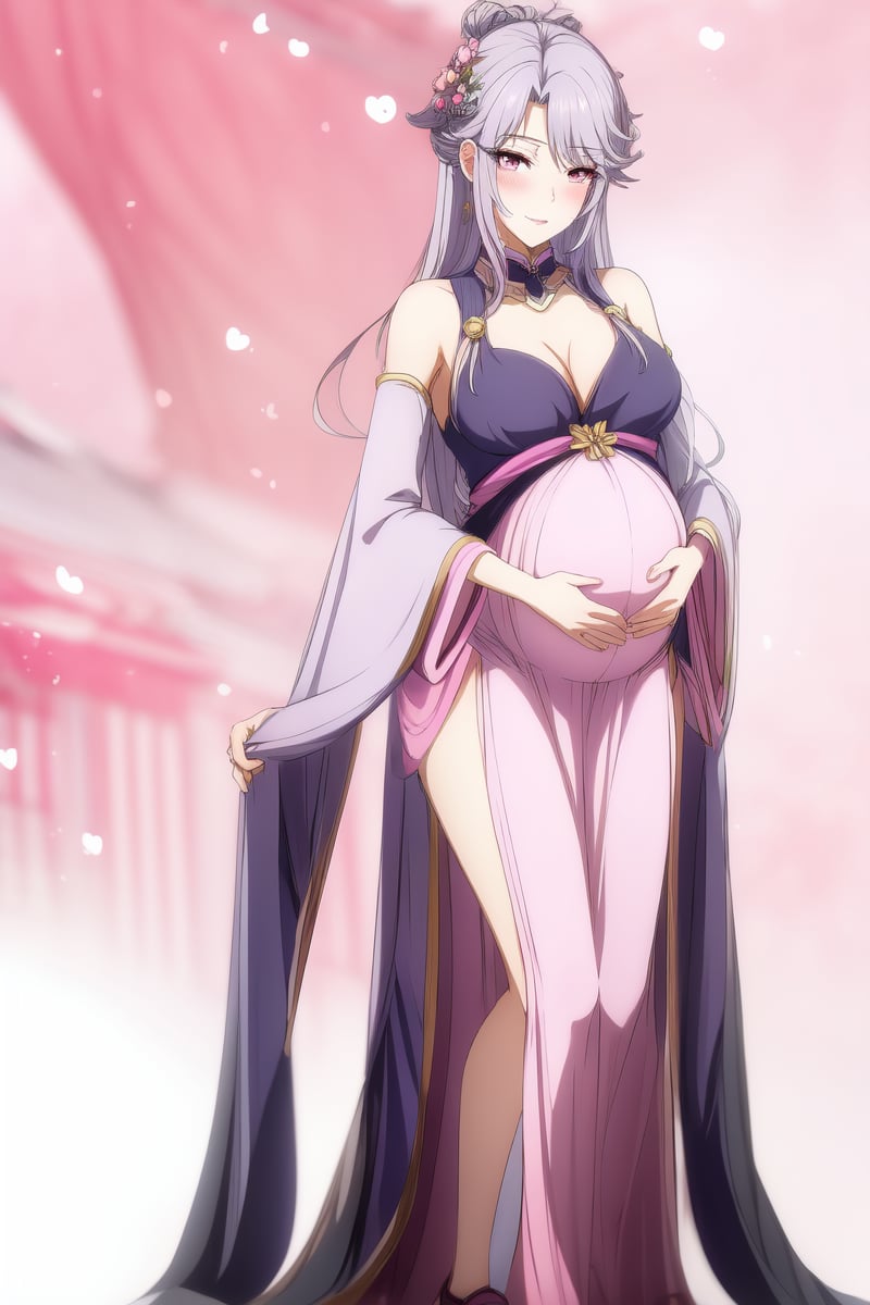 masterpiece, best quality,detailed eyes,solo,blush,full body,1girl,sliver hair,long hair, light purple hanfu,detached sleeves,(hair ornament:0.5),(cleavage:0.5),((pure pink background)),pregnant, hand on own stomach,  <lora:A Will Eternal SongJunWan_v0.5:1>