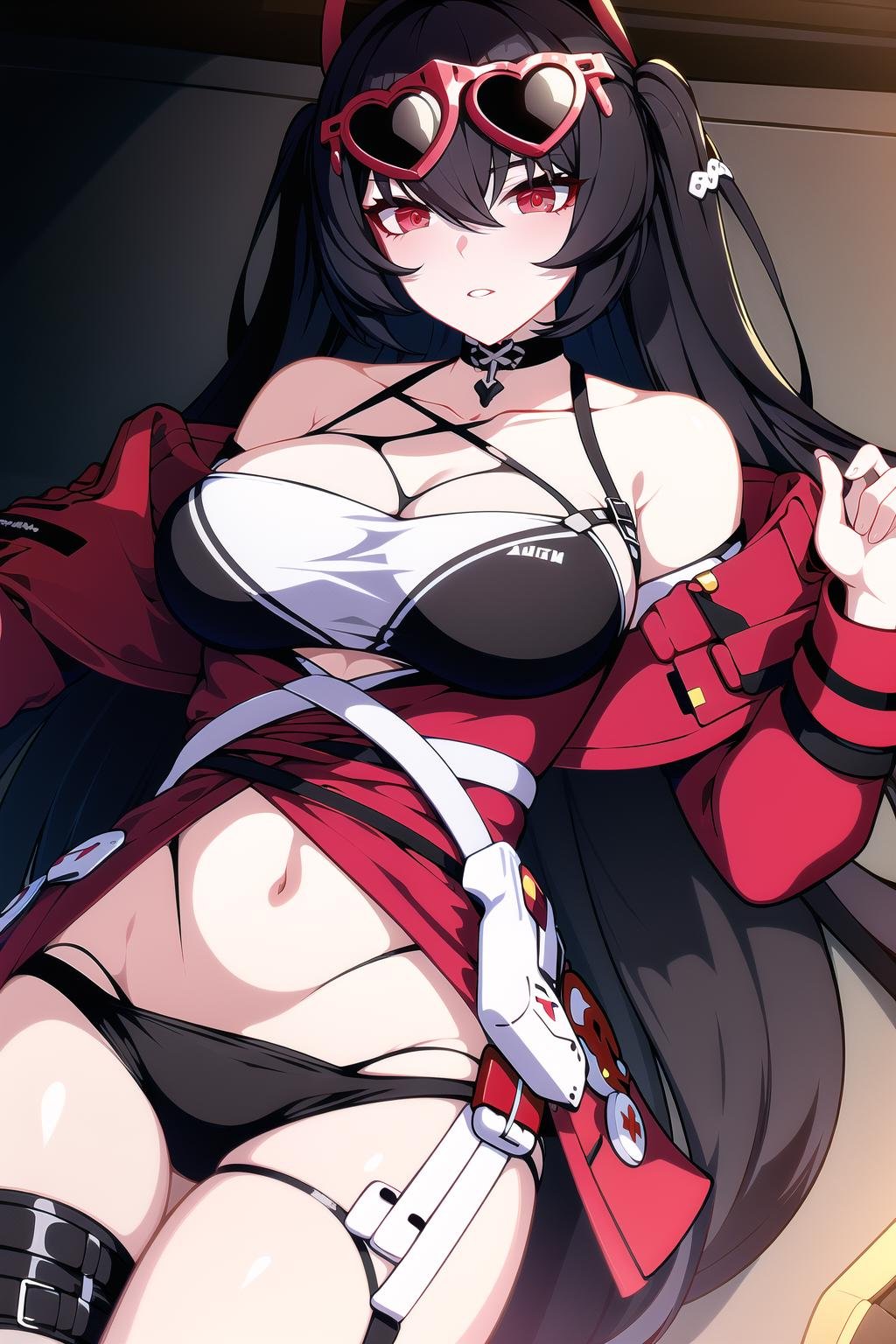 (perfect body),(fine and beautiful detailed skin:1.1),(shiny skin:1.1),(Oil highlights:1.1),(seductive), high-key and low-variance brightness scale,soft light,light and dark interlaced,1girl, taihou (azur lane), breasts, taihou (enraptured companion) (azur lane), official alternate costume, swimsuit, long hair, red jacket, bikini, black hair, jacket, red eyes, eyewear on head, black bikini, lying, navel, thighhighs, on back, solo, choker, cleavage, large breasts, looking at viewer, black choker, bangs, thigh strap, multi-strapped bikini, race queen, very long hair, black thighhighs, collarbone, crossed bangs, bare shoulders, hair between eyes, multiple straps, sunglasses, off shoulder, blush, parted lips, highleg, one side up, open clothes, open jacket