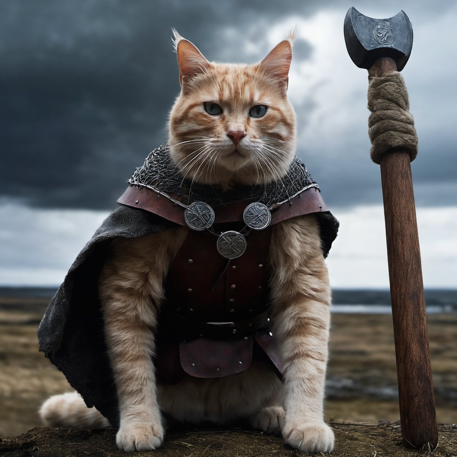 smirk, (Viking Warrior Cat:1.3) , wearing a very warrior outfit, holding an axe, The warrior outfit, holding an axe is made from Smart Glass and Weather-Resistant Textiles, complex background, Stormy weather, by Stanisław Ignacy Witkiewicz, Rob Hefferan and Denis Villeneuve, Depressing, majestic, dramatic lighting, still, Kodak Ektar 100, F/14, Oversaturated, aw0k cat