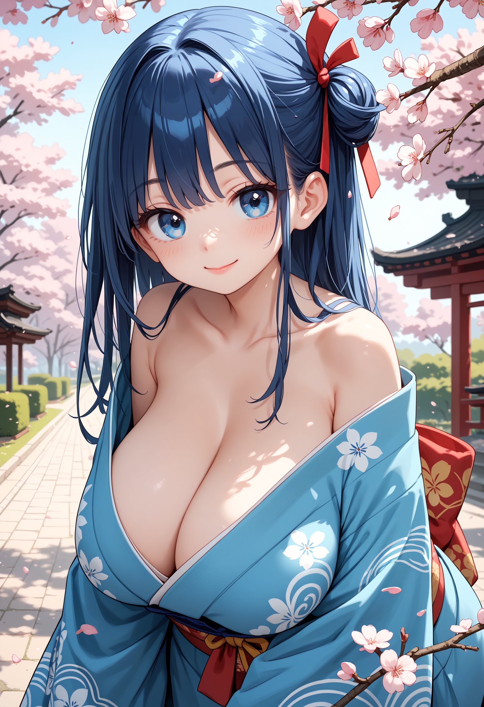 score_9, score_8_up, score_7_up, score_6_up, score_5_up, score_4_up, 1girl, looking at viewer, close-up, upper body, leaning forward, long hair, blue hair, hair ribbon, blue eyes, kimono, cherry blossoms, park, smile, huge breasts