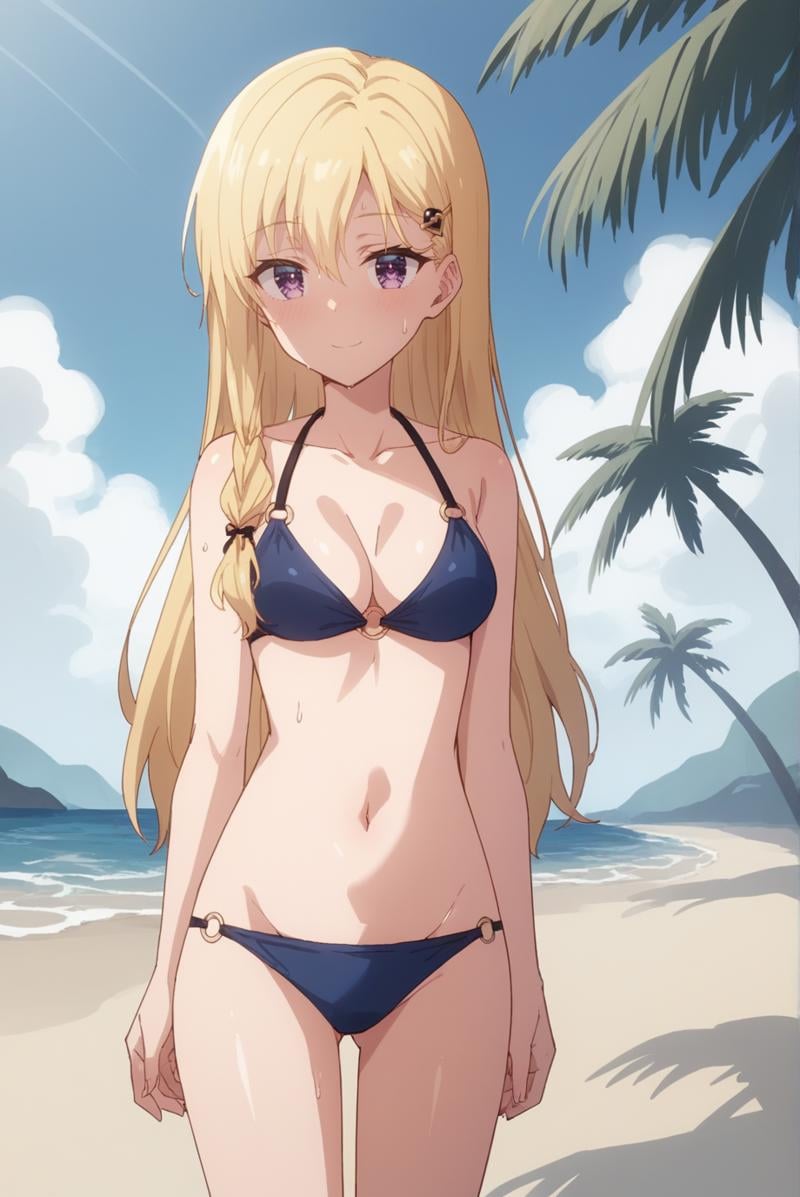 score_9, score_8_up, score_7_up, score_6_up, score_5_up, score_4_up, BREAK source_anime, 1girl, solo,<lora:AyaseSakiXL-v1-07:0.7>, ChopioAyase, long hair, blonde hair, shiny hair, hair between eyes, purple eyes, highly detailed eyes, hair clip, looking at viewer, long hair, (side braid:1.1), [small breasts : medium breasts: 10],beach, sand, sea, palm tree, standing, seductive smile, o-ring bikini, blue bikini, cleavage, sweat, sweatdrop, shiny skin,