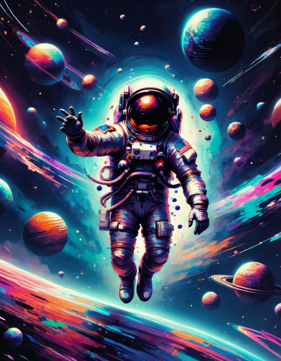 a surreal scene of a astronaut floating in space, with planets and stars also in ral-glydch, dynamic, cinematic, masterpiece, intricate, ral-glydch aesthetic, ral-glydch <lora:ral-glydch-sdxl:1>