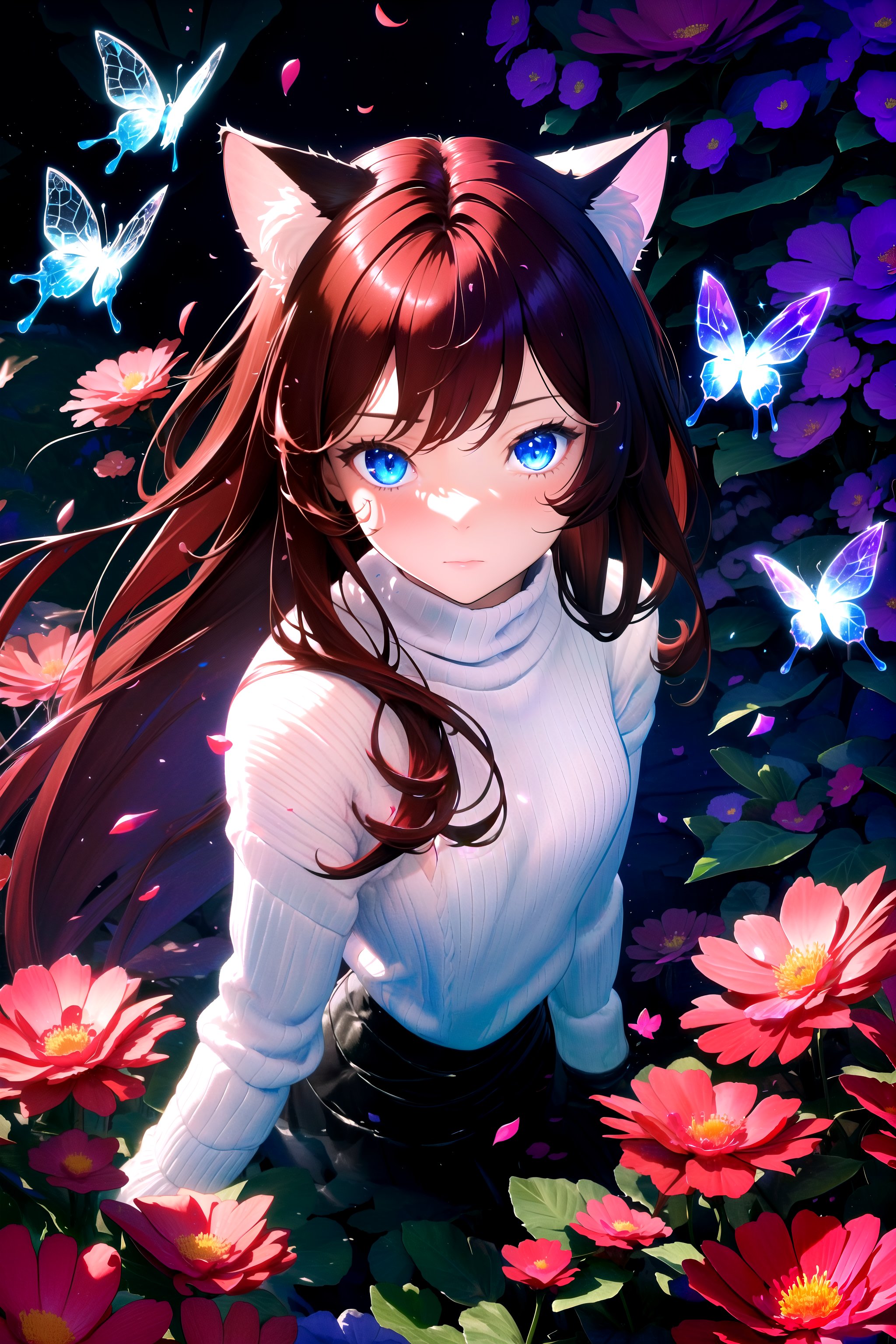 masterpiece, best quality, highres, 1girl, solo, abstract, from above, close-up,BREAKdark background, depth of field, rim lighting, flowers, petals,crystals, cave, butterfly, vegetation, aura, magic,BREAKraifu, dark red hair, blue eyes, straight hair, cat ears, blush,(medium breasts:0.8), mature female, white sweater,