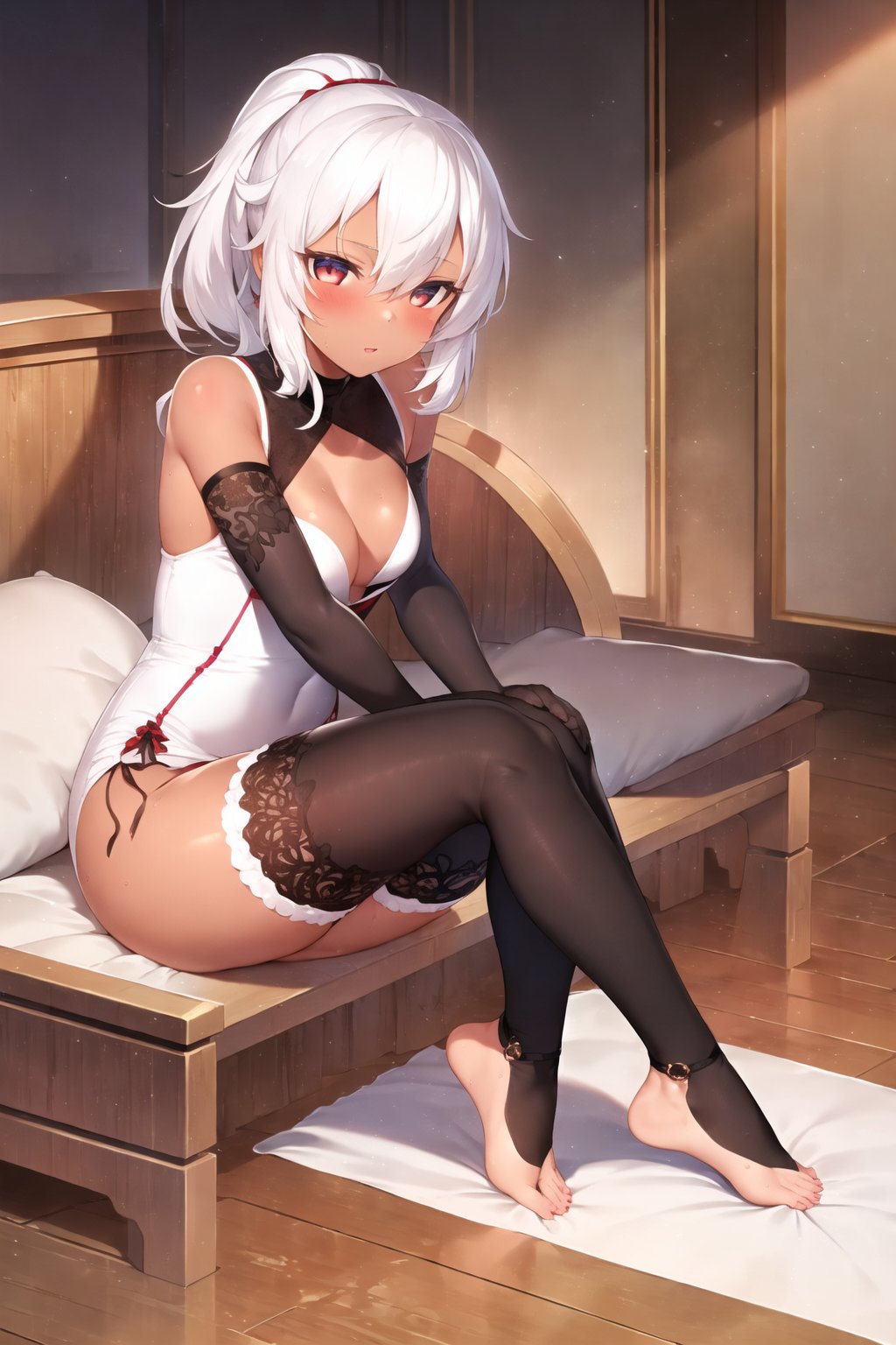 1girl,  <lora:MDA_v2.2:0.6>, by (mda starou), small breasts, white hair,red eyes, ponytail, full body, skin tight, (dress), tan, armpits, bed, laying on back, pelvic curtain, (masterpiece:1.0), (best quality:1.0), (beautiful detailed face:1.0), (detailed deep eyes),  symmetrical breasts, deep eyes, solo, feet, thighhighs, 