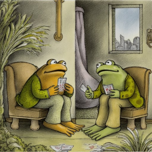 Frog and Toad, sitting indoors, playing cards