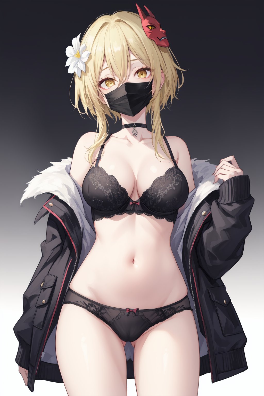 1girl, breasts, solo, hair ornament, hair flower, underwear, censored, yellow eyes, navel, blonde hair, mosaic censoring, black flower, panties, looking at viewer, mask, jacket, black mask, black jacket, bra, black panties, mouth mask, black bra, thighs, cleavage, bangs, stomach, choker, collarbone, open jacket, large breasts, ass visible through thighs, multi-strapped panties, short hair with long locks, cowboy shot, open clothes, hair between eyes, gradient background, bare shoulders, gradient, off shoulder, long sleeves, po style, s6xryc3, add9evlo65x, sfd6de8tv, sd6cepo5s, sf6ce9w8hd, sd69eogd, 5wsd6gics