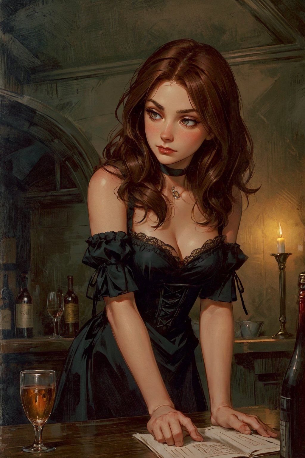 Generate art image (point-of-view:1.5) [masterpiece] that depicts a [fantasy] scene, in [frank frazetta] [80's] [comics style]. A young woman with a slim figure and auburn hair stands in an old Victorian pub. She wears a knee-length, high-necked [burgundy Victorian dress] with [puffed sleeves], adorned with [lace trimmings]. The dress is cinched at the waist with a [black corset], emphasizing her slender figure. Her hands are covered with [white lace gloves]. Around her neck, there is a [simple pearl choker]. Her face is [subtly blushed], with [detailed contours], [high cheekbones], and a [nose with a slight upturn at the tip]. She has [dark, alluring eyes] with [black eyeliner] and [smudged black eyeshadow], and her [full pouty lips] are [painted in a deep rouge]. Her auburn hair is styled in [loose waves], falling gracefully around her shoulders.In the dimly lit pub, she leans against a wooden table with a [worn surface], holding a [damp cloth] as she cleans the table. The flickering candlelight casts a warm glow on the scene, creating an atmosphere of historical charm. The background includes details like old wooden chairs, dimly lit sconces, and faded Victorian wallpaper, reinforcing the vintage setting.  <lora:bichu-v0612:0.5> <lora:detailed_eye-10:0.5>  <lora:Gloomifier_slider_LECO_500w:0.8> <lora:hairdetailer:0.8>