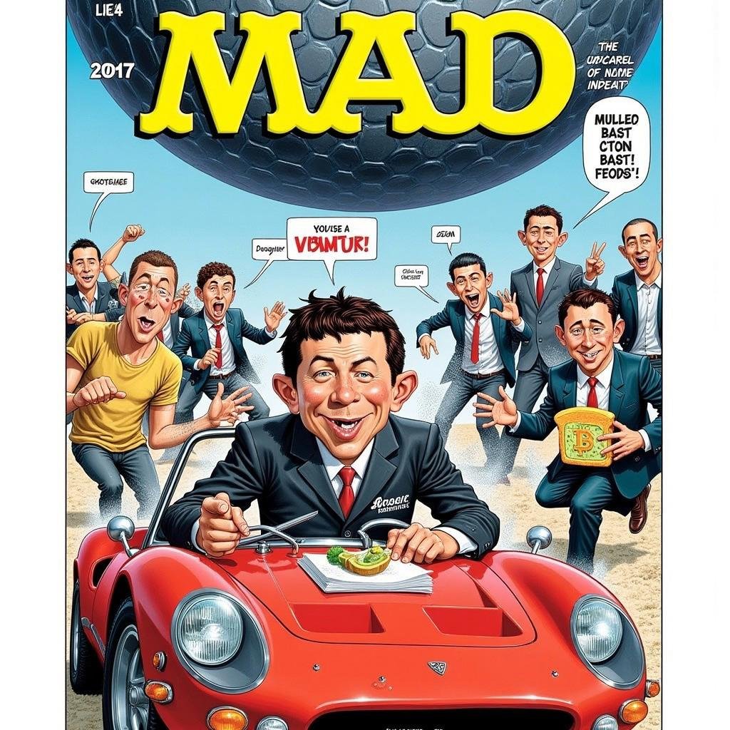 In the art style of iconic MAD magazine. The cover showcases Wojak, the iconic internet character, going through a hilariously exaggerated midlife crisis in a chaotic blend of real life and meme culture. Wojak is sitting in a beat-up sports car that’s way too small for him, clutching his head in despair while wearing an oversized suit labeled “Crypto Millionaire,” now falling apart at the seams. In the background, versions of Wojak—Doomer, Bloomer, and Coomer—are fighting over ridiculous life decisions: one is frantically trying to buy Bitcoin, another is starting a vegan candle business, and a third is crying into a pile of avocado toast. Above it all, an enormous Zoom call screen hovers, with corporate Wojaks in a virtual meeting, yelling “You’re still muted!” while Wojak himself contemplates existential dread in the midst of meme chaos.