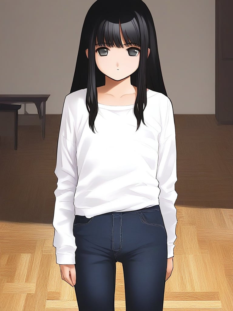 score_9, score_8_up, score_7_up, source_anime, rating_explicit, BREAK  <lora:Tsutsumi_Kinuka_Ver2.0_XL:1>  TsutsumiKinuka,  bangs,  long hair, black hair, black eyes,1girl, solo, looking at viewer, black eyes, bangs, blue half pants, white sleeve, standing,room, flooring,