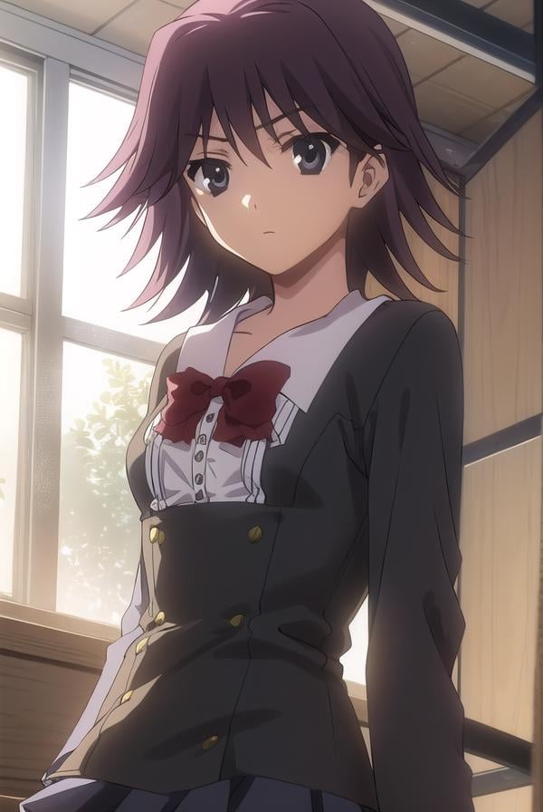 natsumikoizumi, <lora:natsumi koizumi s1-lora-nochekaiser:1>,natsumi koizumi, short hair, purple hair, (black eyes:1.5),BREAK skirt, thighhighs, school uniform, shoes, black thighhighs, zettai ryouiki, bow, red bow,BREAK indoors, classroom,BREAK looking at viewer, (cowboy shot:1.5),BREAK <lyco:GoodHands-beta2:1>, (masterpiece:1.2), best quality, high resolution, unity 8k wallpaper, (illustration:0.8), (beautiful detailed eyes:1.6), extremely detailed face, perfect lighting, extremely detailed CG, (perfect hands, perfect anatomy),