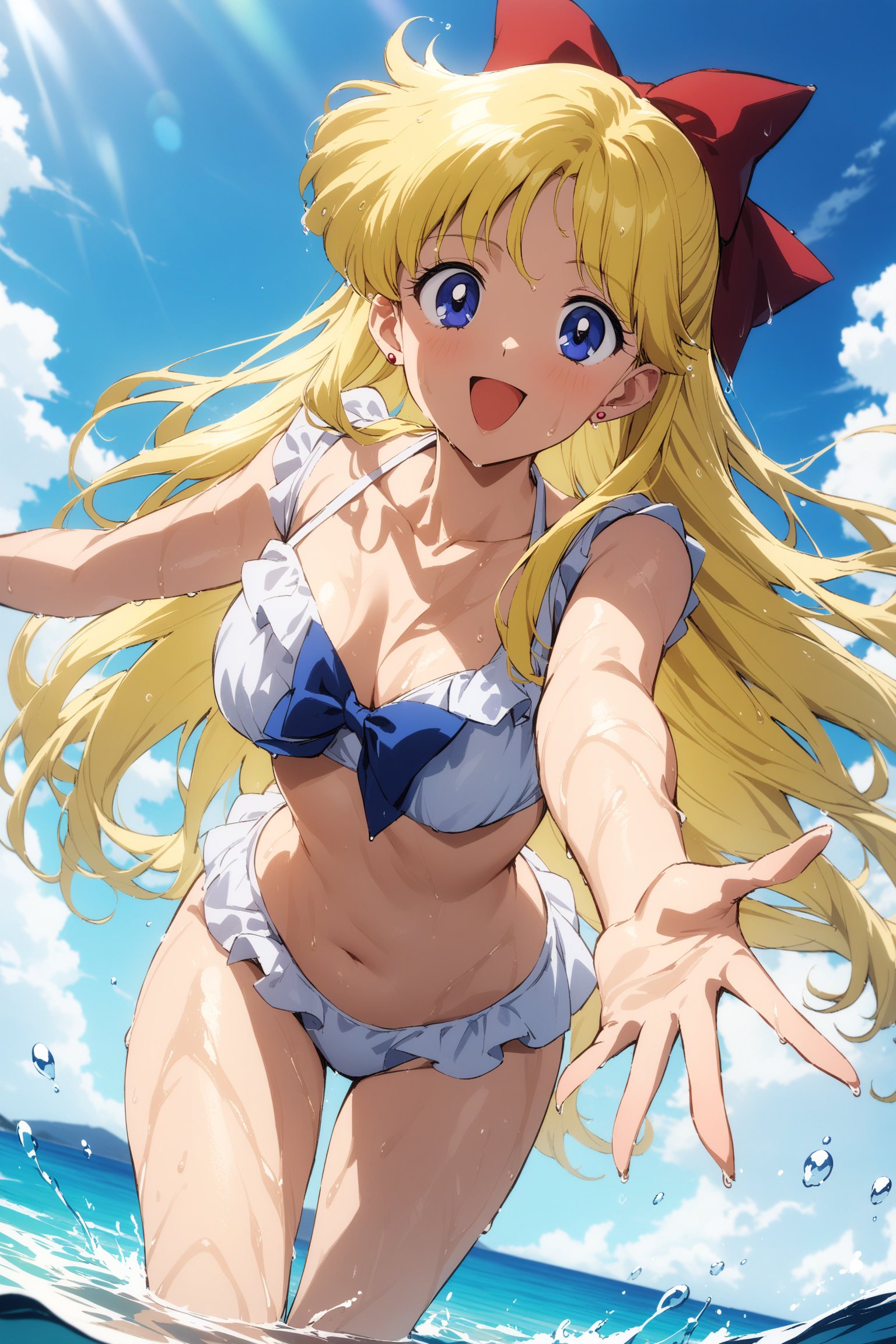 masterpiece, best quality, very aesthetic, absurdres, aavenus, long hair, blonde hair, hair bow, blue eyes, earrings, <lora:sailor_venus_XL_v1(anima):0.9>, frilled bikini, wet, reaching out, partially submerged, ocean, blue sky, standing, cowboy shot, smile, open mouth,