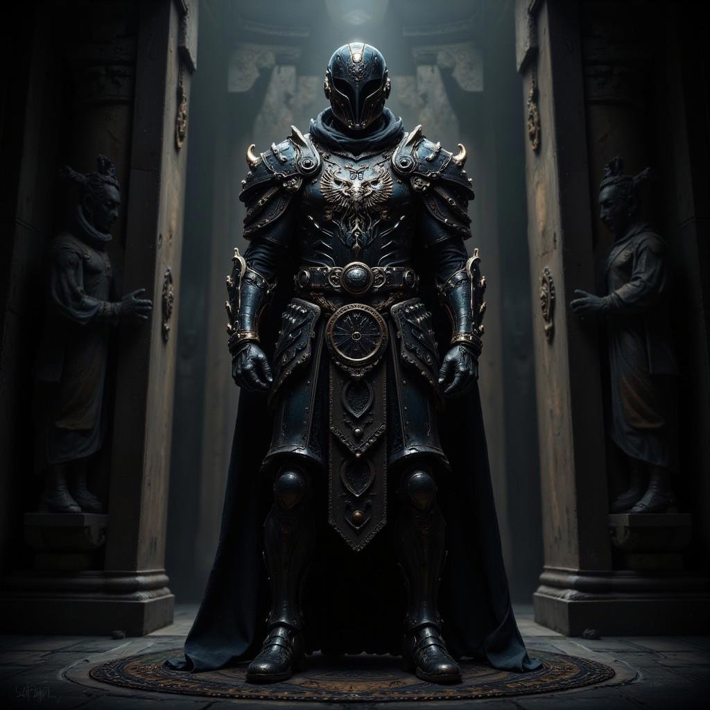 "Create a hyper-realistic and ultra-intricate, highly detailed cinematic scene featuring an elite soldier of the Imperial Phalanx Army. This imposing figure stands as a guardian at the entrance of the empire's most sacred place, the grand mausoleum. The soldier is clad in ornate, dark armor, engraved with intricate patterns, and adorned with the emblem of a phoenix embracing a circle on the chest plate, symbolizing the eternal vigilance of the empire. The atmosphere is solemn and reverent, with the mausoleum's towering stone walls and ancient statues adding to the gravity of the scene. The soldier's stance is powerful and vigilant, his posture radiating discipline and unwavering loyalty. The color palette is rich but subdued, with deep shadows and subtle highlights that accentuate the details of the armor and surroundings. The shot captures the scene from a low angle, emphasizing the soldier's dominance and the sacredness of the location. The image should be hyper-realistic, with meticulous attention to every detail, from the texture of the armor to the stone carvings of the mausoleum, creating a breathtaking and cinematic portrayal of this elite warrior.