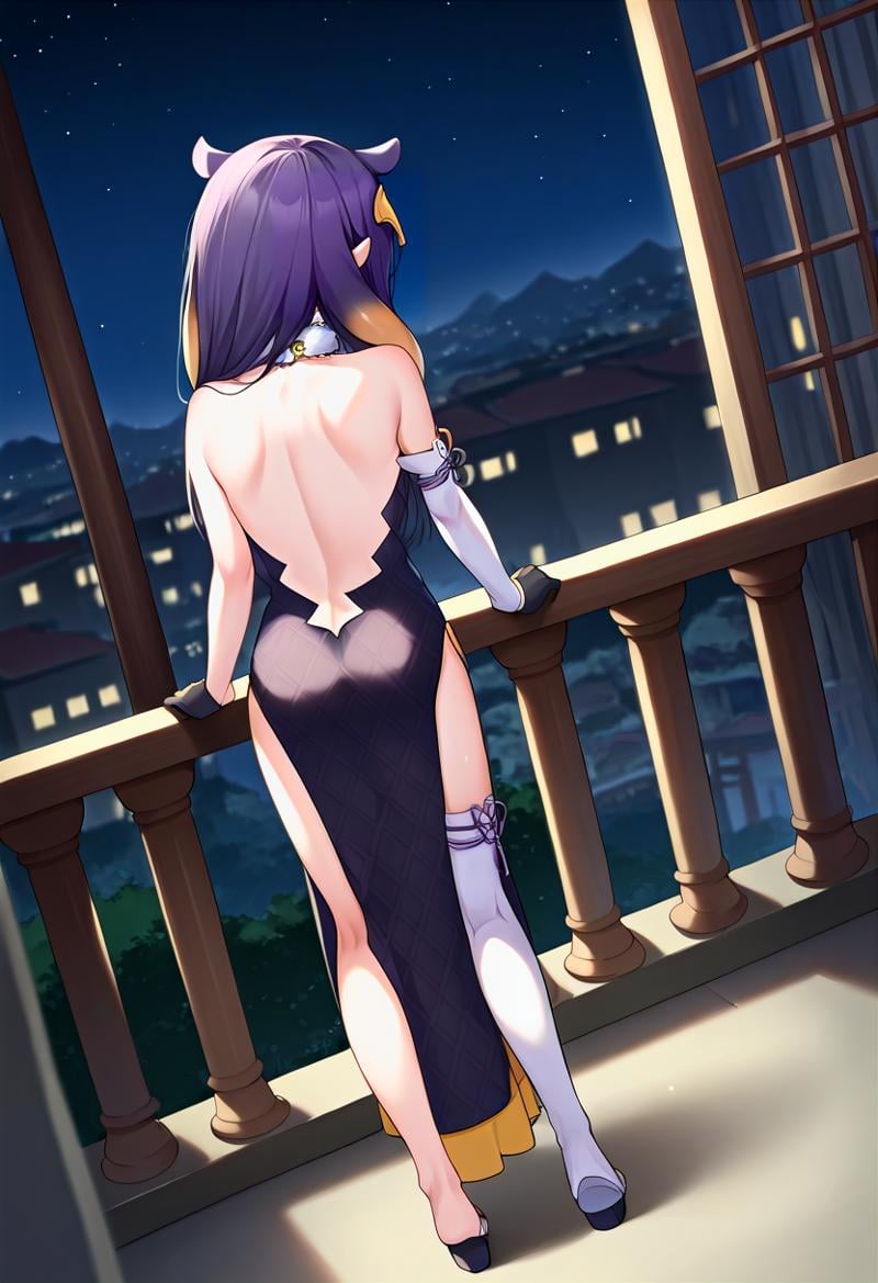 score_9, source_anime, 1girl, solo, full body, from behind, dutch angle, inapriestess, strapless dress, backless dress, single thighhigh, single detached sleeve, black gloves, night, balcony <lora:inaXL:1>