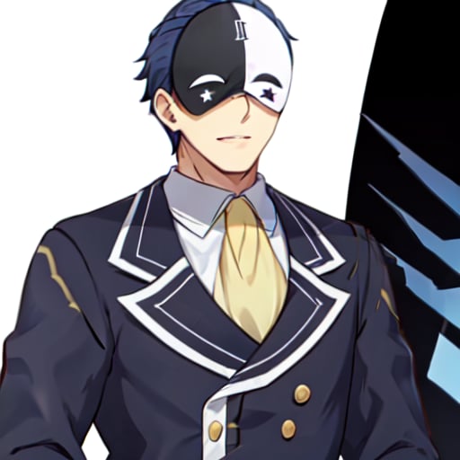 <lora:Vanir Spoch8:0.75>, vanir-liver020, 1boy, solo, (mask:1.1), blue hair, white gloves, formal, suit, jacket, ascot, black and white mask, 