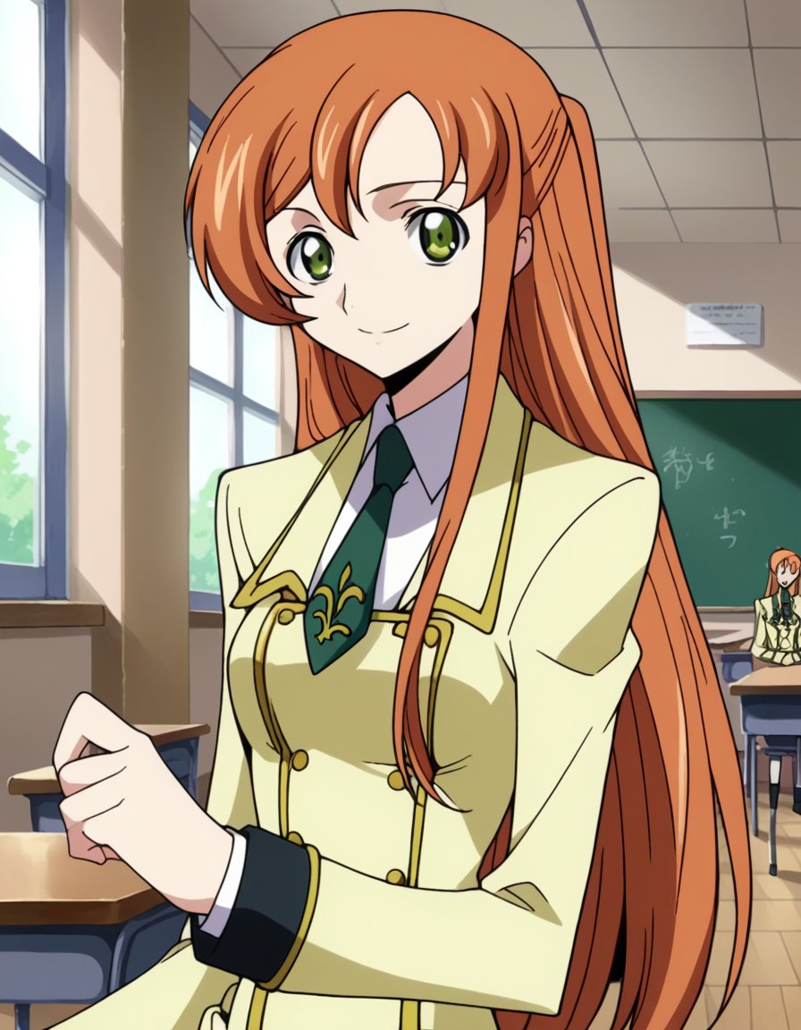 score_9, score_8_up, score_7_up, source_anime,shirleyfenette, <lora:shirley-fenette-s1-ponyxl-lora-nochekaiser:1>,shirley fenette, orange hair, green eyes, half updo, long hair,ashford academy school uniform, buttons, long sleeves, necktie, school uniform,indoors, classroom, smile,looking at viewer, dutch angle, cowboy shot, solo,