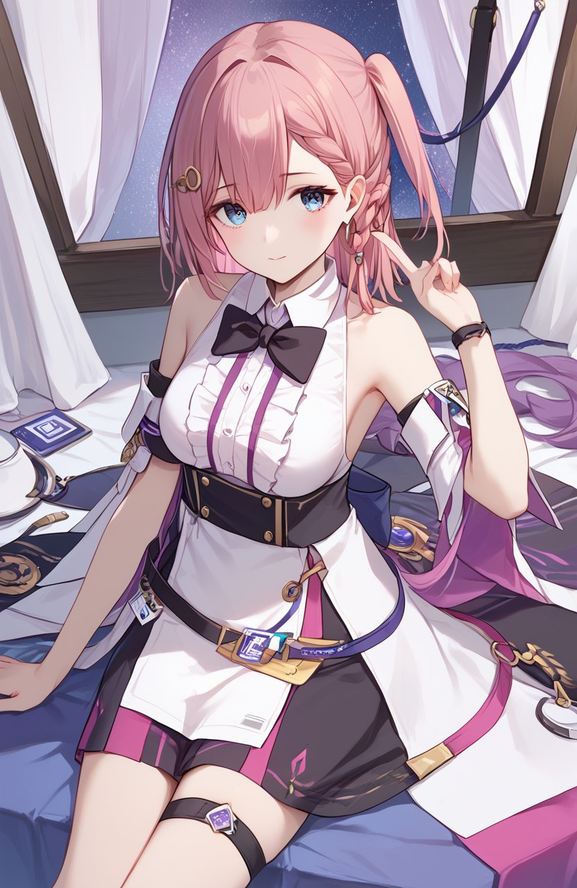 <lora:艾丝妲2pony:1>,xtasta,a girl named xtasta,1girl,braid,white shirt,sleeveless shirt,one side up,id card,detached sleeves,black skirt,black bowtie,center frills,collared shirt,thigh strap,<lora:naipixa31-000019:0.6>,, (score_9,score_8_up,score_7_up),(masterpiece,best quality,high quality:1.2),absurdres,