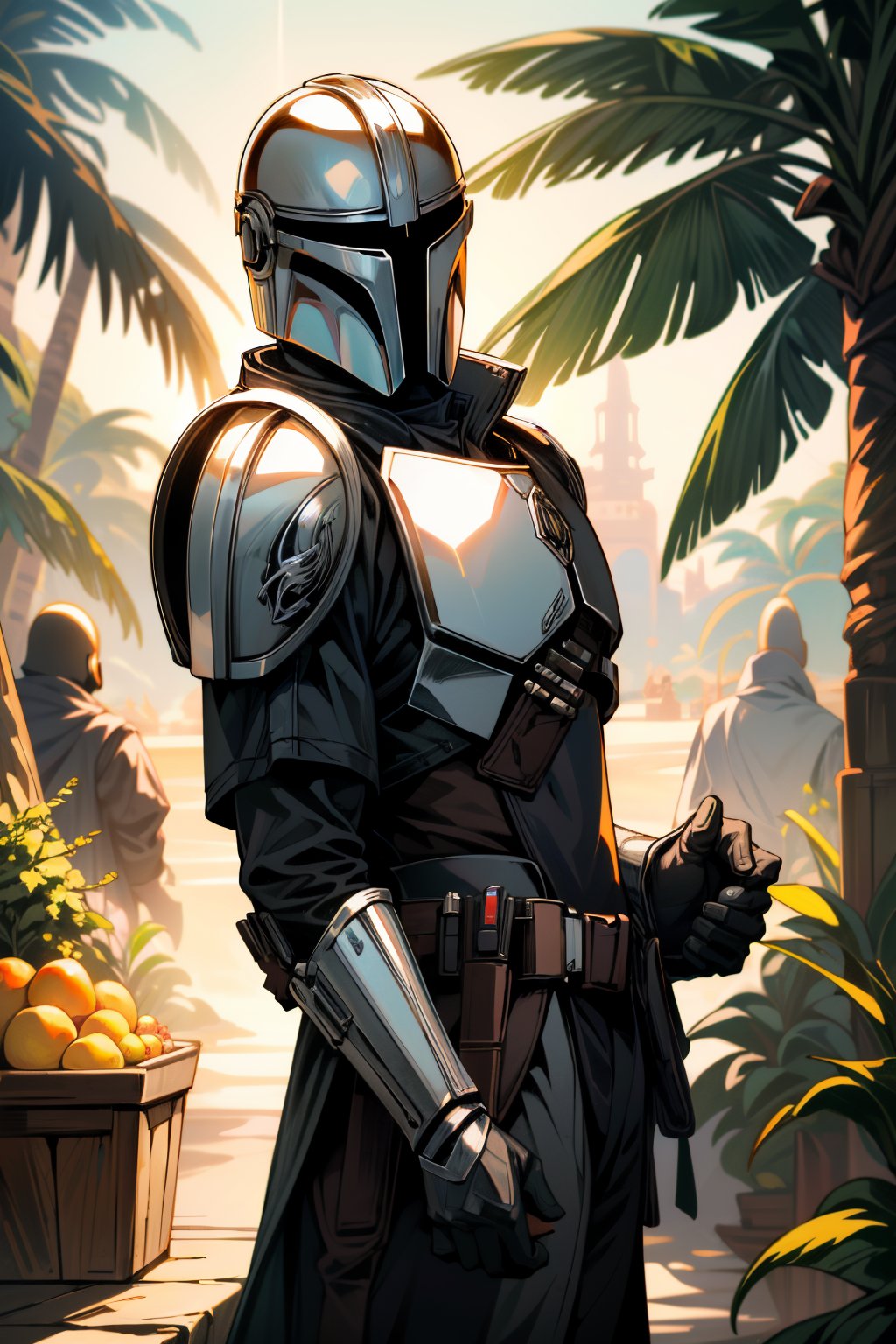 ((ultra detailed, masterpiece, absurdres)) <lora:StarWMandalorian:0.9>StarWMandalorian, 1boy, no face, helmet, Tropical market with vibrant fruits, detailed textures, dynamic lighting