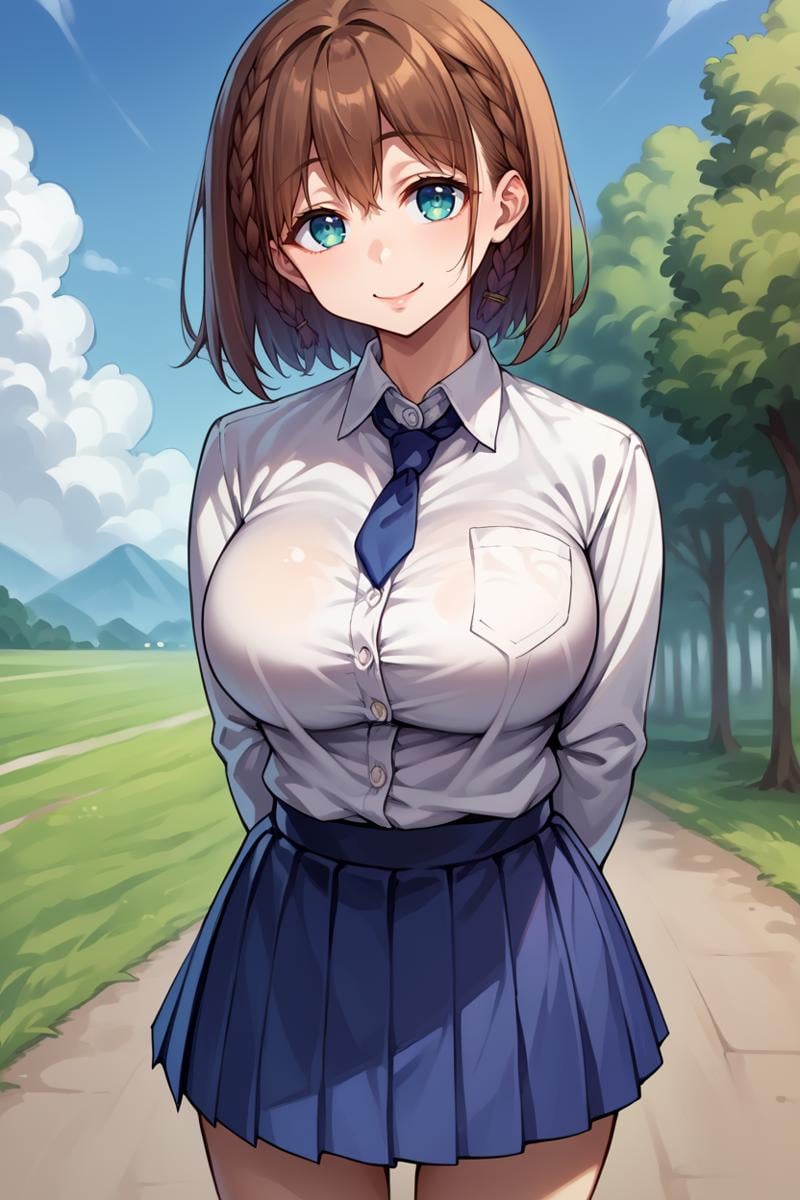 score_9, score_8_up, score_7_up, score_6_up, source_anime, BREAK 1girl, solo,  <lora:aichan-pdxl-nvwls-v1-000005:1> aichan, brown hair, cyan eyes, braid, white shirt, collared shirt, blue necktie, pleated skirt, blue skirt, large breasts, looking at you, smile, arms behind back, blue sky, clouds