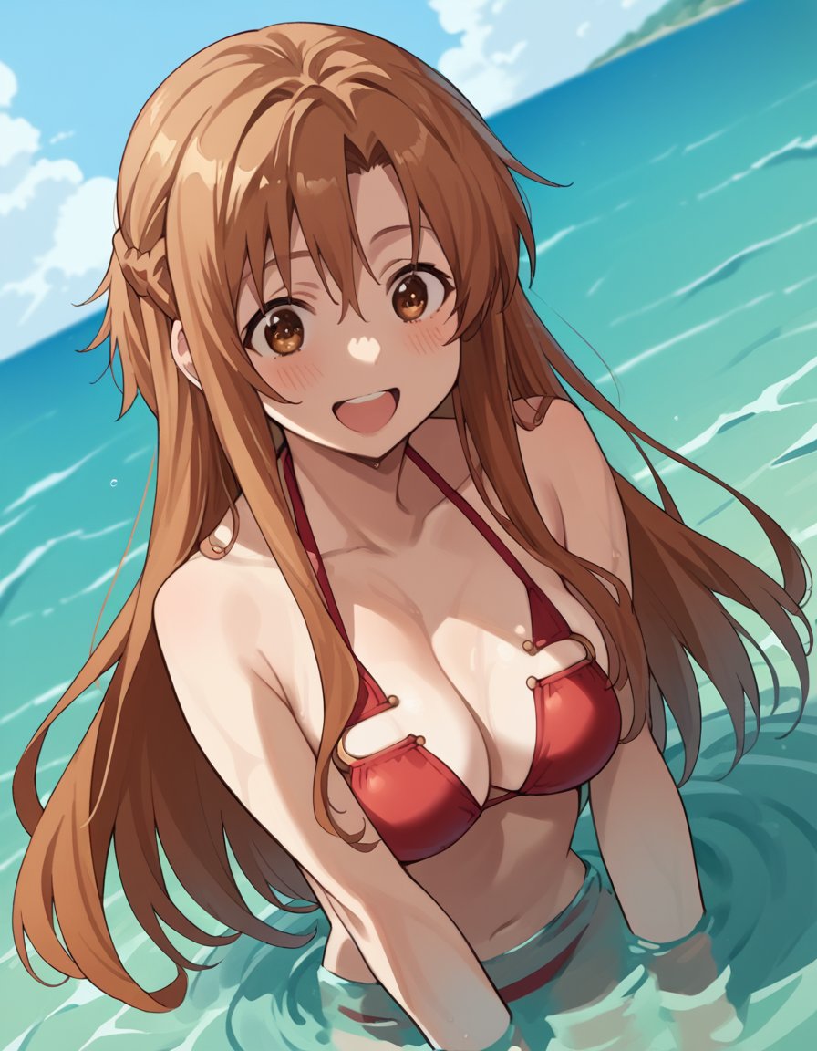 score_9, score_8_up, score_7_up, source_anime, asunayuuki, <lora:asuna-yuuki-s1-ponyxl-lora-nochekaiser:1>, asuna yuuki, long hair, brown hair, brown eyes,, <lora:florida-bikini-ponyxl-lora-nochekaiser:1>, florida bikini, bikini, swimsuit,, ocean, submerged, water, blush, smile, open mouth,, cowboy shot, dutch angle,