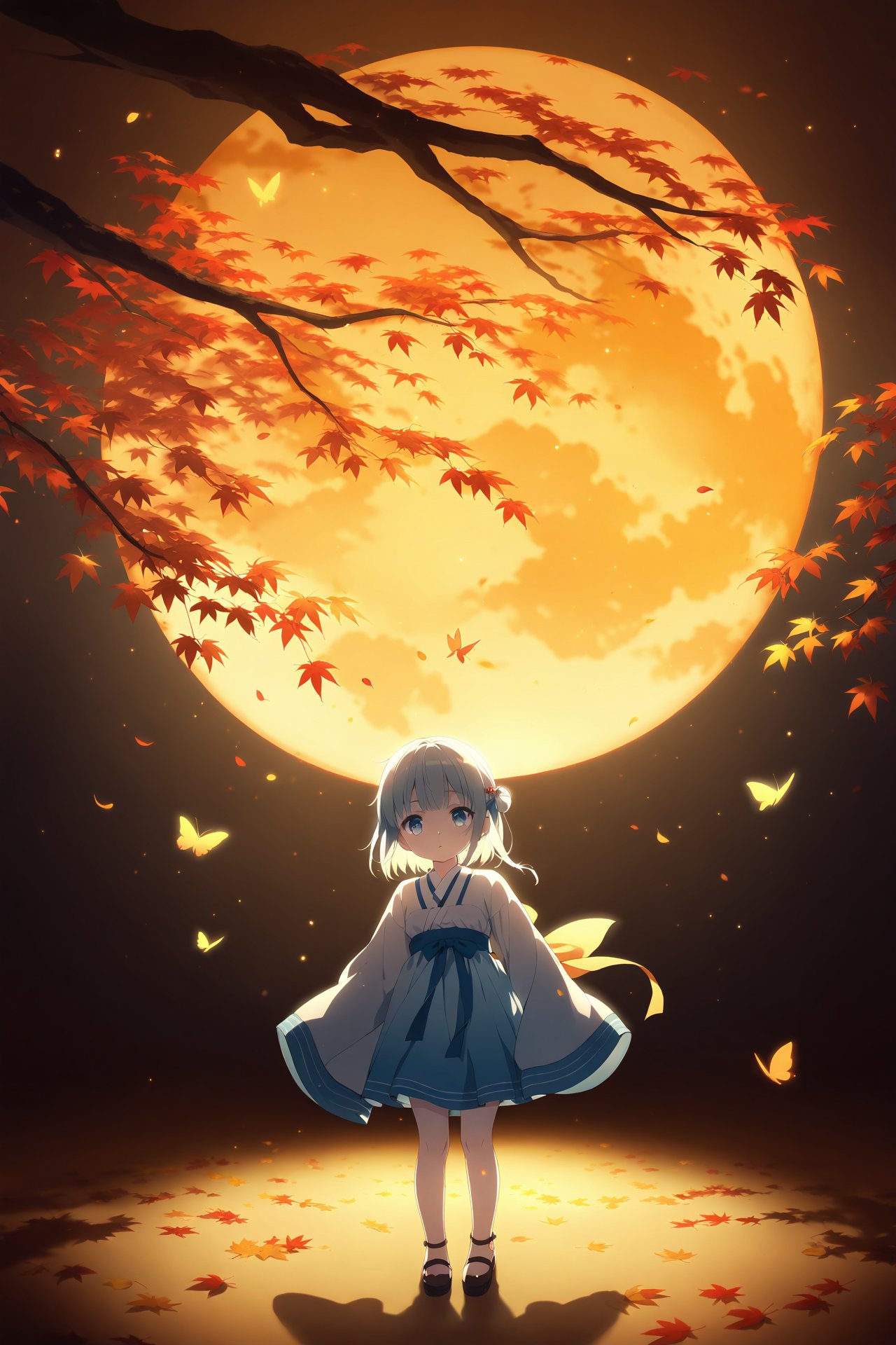 (masterpiece),(best quality),illustration,ultra detailed,hdr,Depth of field,(colorful),loli,full body,focus,masterpiece,solo,gradient_background,autumn,best quality,lantern,Through the mottled light and shadow of leaves,late at night,wind,flying butterfly,flying petal,maple,Falling Maple Leaves,Orange Moon,1 girl,Beautiful and meticulous eyes,small breast,beautiful detailed,hanfu-anime-style,Grey gradient hair Blue highlights,hairpin,hime_cut,sleeves past wrists,sleeves past fingers,sigh,strong rim light,anime screenshot,Bust,solo focus,extremely detailed wallpaper,Personage as the main perspective,intense shadows,cinematic lighting,depth of field,painting,