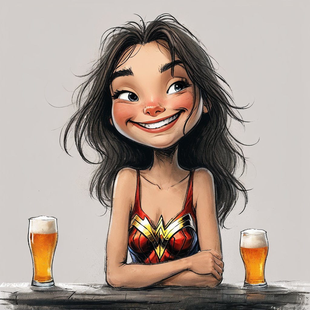 impactful color paint of cute drawing of Gal Gadot as Wonder Woman drinking a beer   <lora:Cute_Drawing:0.7>,    highly detailed,  8k,   sharp,  professional, clear,   high contrast, crystal clear