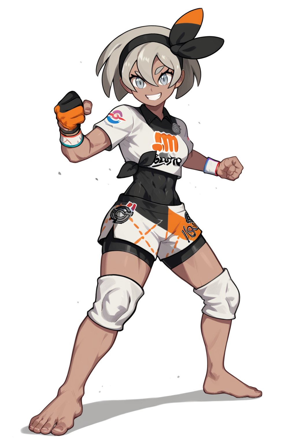 Score_8_up, score_7_up, Score_9, BREAK, solo, 1girl, Solo, 1girl, 1bea1, print shirt, print shorts, black bodysuit, bodysuit under clothes, single glove, black hairband, bow hairband, wristband, knee pads, smile, fighting stance, barefoot<lora:EMS-414279-EMS:0.600000>