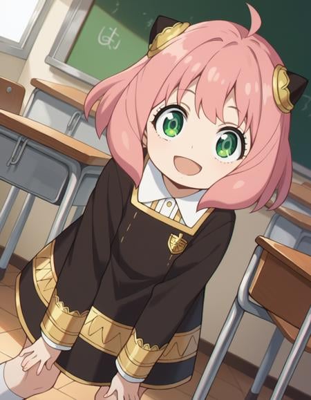 score_9, score_8_up, score_7_up, source_anime,anyaforger, <lora:anya-forger-ponyxl-lora-nochekaiser:1>,anya forger, anya forger, bangs, green eyes, pink hair, ahoge, hair ornament, hairpods, child, female child, smile,long sleeves, dress, school uniform, socks, black dress, eden academy school uniform,indoors, classroom, bent over, open mouth,looking at viewer, cowboy shot, dutch angle,