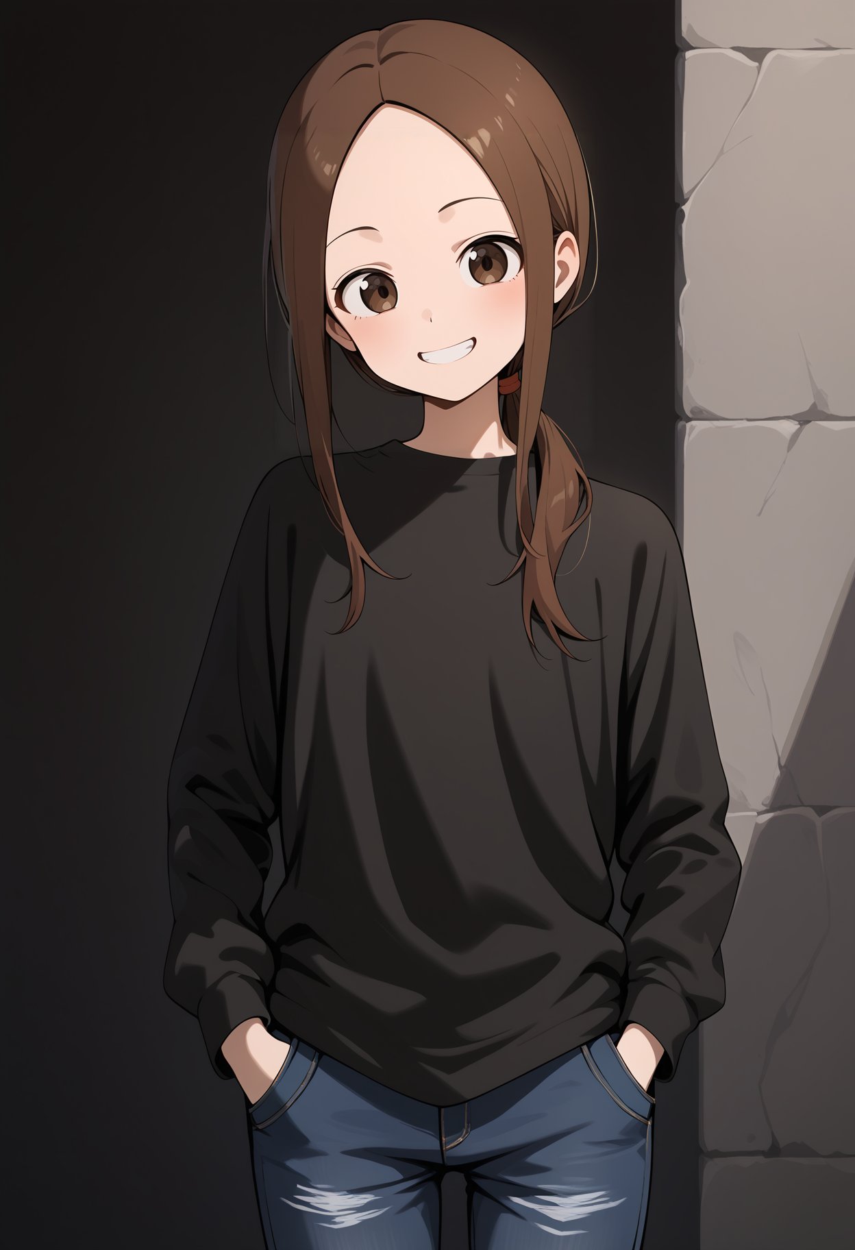 score_9, score_8_up, score_7_up, score_6_up, score_5_up, score_4_up, source_anime, aatakagi, solo, aged up, long hair, brown hair, low ponytail, parted bangs, black shirt, long long sleeves, jeans, pants, <lora:takagi-san_ponyxl_v1:0.9>, hand in pocket, smile, 