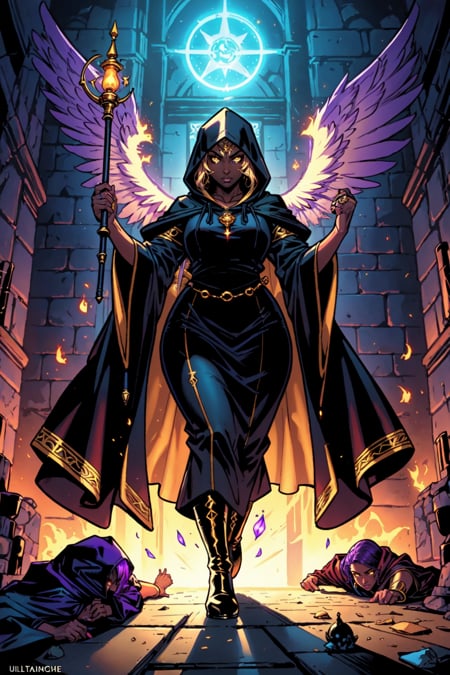 1girl, solo, magic wielding wizard woman, dark skin, dark skinned female, yellow eyes, glowing eyes, glowing, purple hair, voluptuous, wide hips, long skirt, feathered wings, wide sleeves, black robe, robe, hood down, ring, jewelry, black boots, fist up, holding, magical staff, dungeon background, indoors, underworld, fire from below, gold accent, comic book cover, inked lines, ultra sharp, extremely detailed