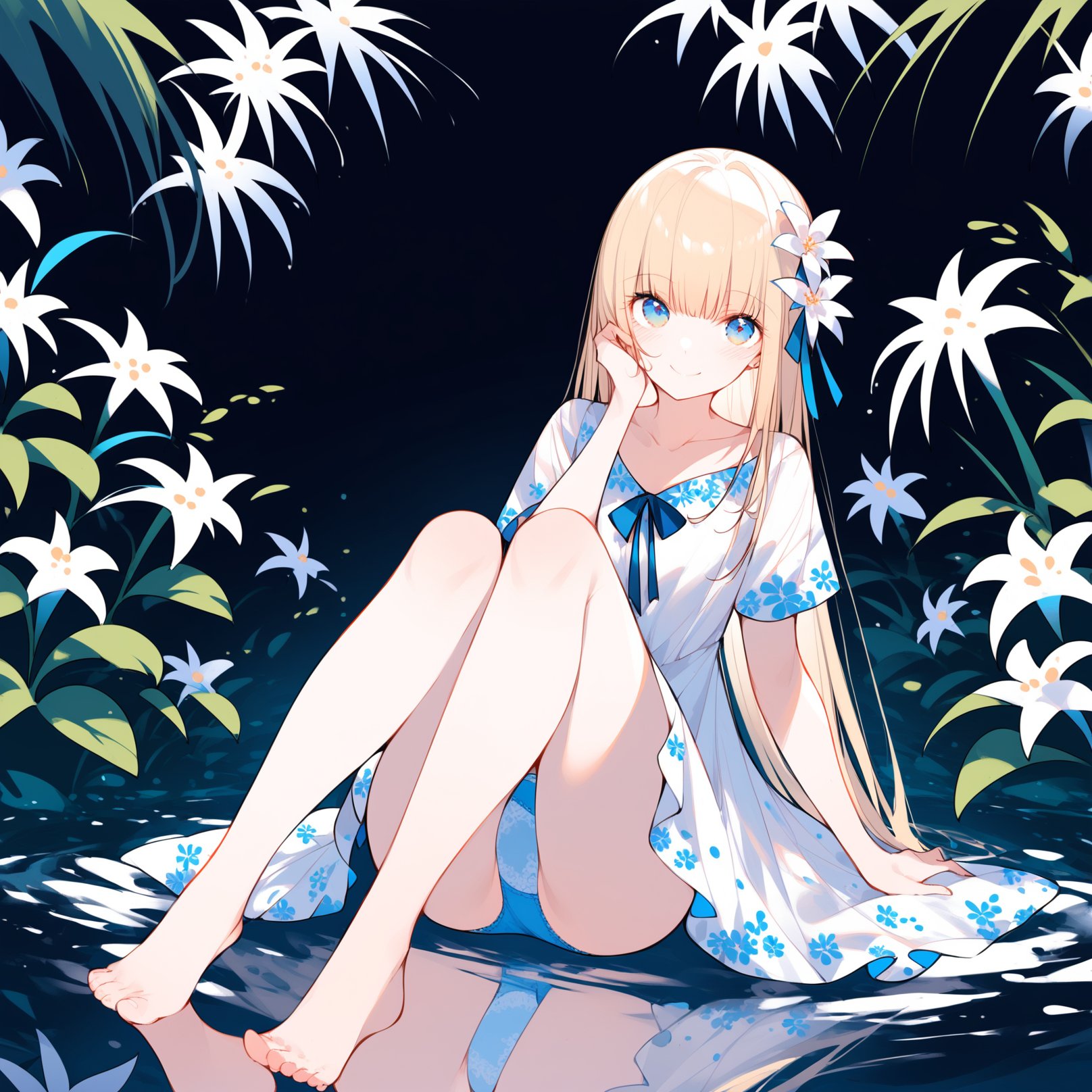 1girl,solo,flower,dress,sitting,barefoot,blonde hair,panties,long hair,looking at viewer,white dress,underwear,bangs,hair ornament,blush,feet,bare legs,toes,white flower,collarbone,water,hair flower,pantyshot,closed mouth,short sleeves,full body,blue eyes,blue panties,hand on own face,knees up,smile,print panties,knees together feet apart,legs,hand on own cheek,black background,reflection,plant,upskirt,