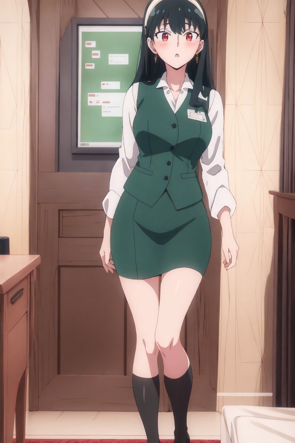 yorforger, 4k, absurd, high resolution, very high resolution, high definition, masterpiece, red eyes, embarrased, blushing, work uniform, white long-sleeved shirt with a green sleeveless vest, green knee-length office skirt, black heels, standing<lora:EMS-352455-EMS:1.000000>