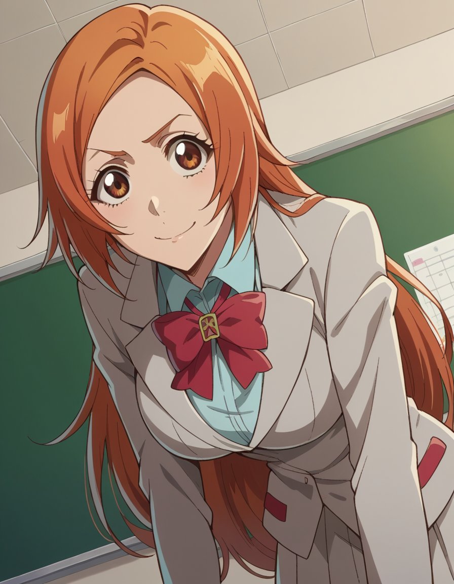 score_9, score_8_up, score_7_up, source_anime,inoueorihime, <lora:inoue-orihime-tybw-ponyxl-lora-nochekaiser:1>,inoue orihime, long hair, orange hair, brown eyes,school uniform, blazer, grey blazer, shirt, white shirt, collared shirt, bowtie, red bowtie,indoors, classroom, bent over, smile,looking at viewer, cowboy shot, dutch angle, solo,