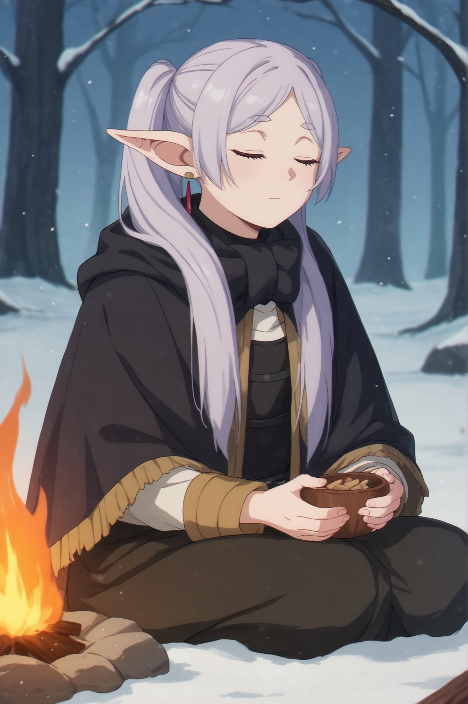 rating_all, score_10, score_8_up, score_7_up,  Frieren, solo, long hair, closed eyes, grey hair, outdoors, pointy ears, tree, fire, elf, cloak, snow, = =, campfire <lora:Frieren:0.8>