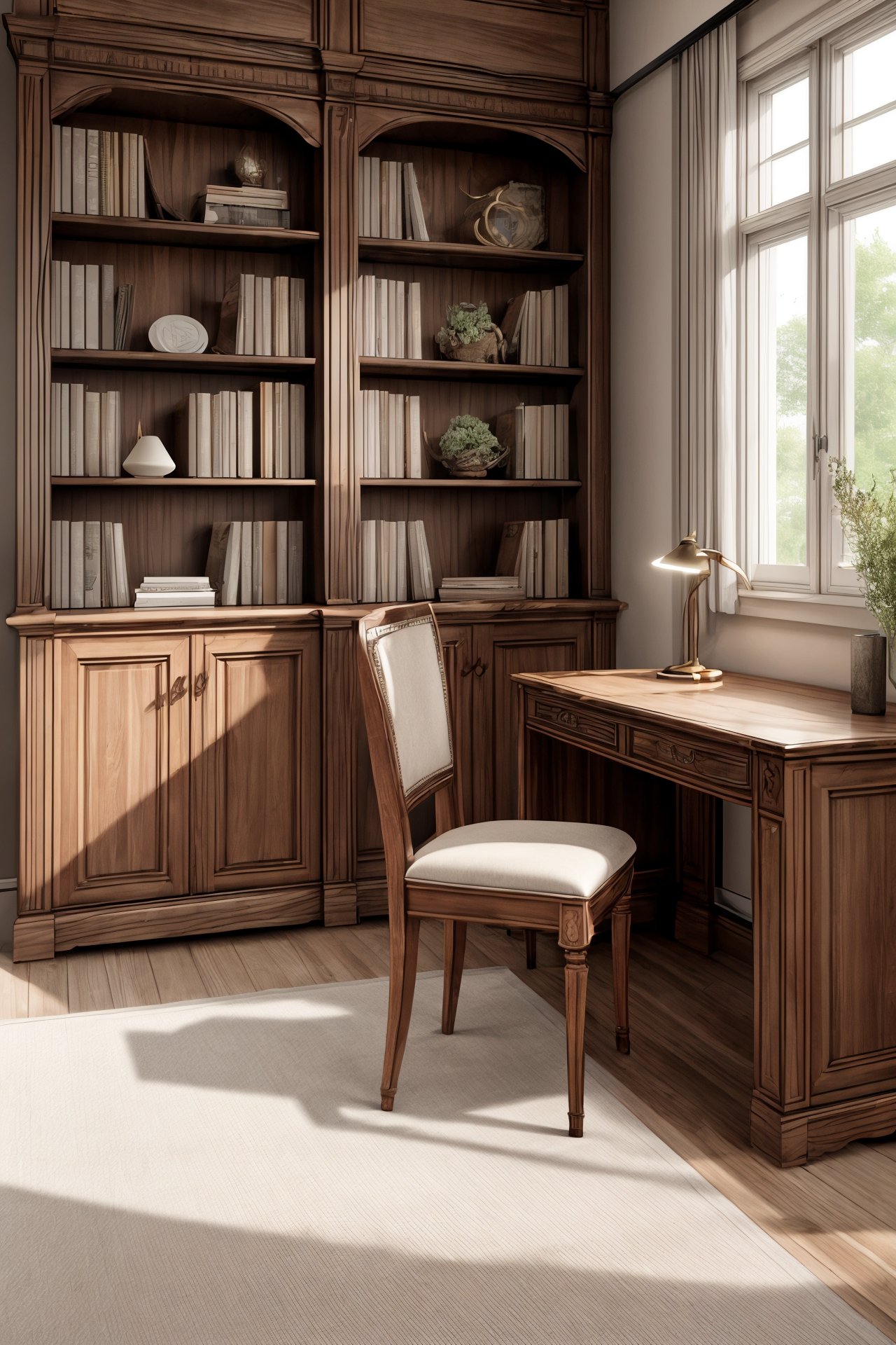 Ultra-realistic 8k CG,masterpiece,best quality,Highly detailed,Professional,extreme detail description,indoors,frame,table,chair,bookcase,<lora:Yue暖馨室内设计v1:0.7>,<lora:add_more_details:0.6>,bookshelf,book,desk lamp,