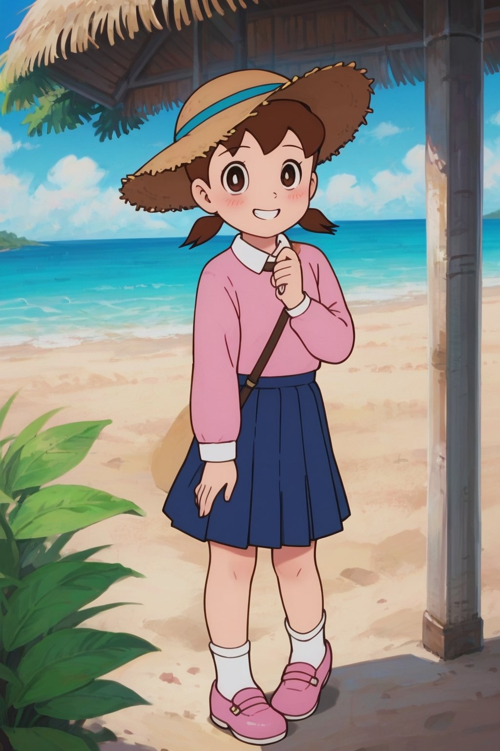 score_9, score_8_up, score_7_up, score_6_up, score_5_up, score_4_up, source_anime,minamoto sizuka,1girl, outdoors, hat, solo, skirt, twintails, brown hair, socks, sky, shirt, blue skirt, beach, smile, day, cloud, shoes, brown eyes, pink footwear, ocean, white socks, looking at viewer, long sleeves, pink shirt, blue sky, standing, full body, pleated skirt, bright pupils, short twintails, water, white pupils, collared shirt, blush, grin, straw hat, sun hat, hand up, low twintails,masterpiece, perfect face, best quality, beautiful girl, cute girl, beautiful eyes, shiny eyes, anime coloring, anime screencap, absurdres, award winning, full body, <lora:minamoto shizuka WAI 919:0.8>