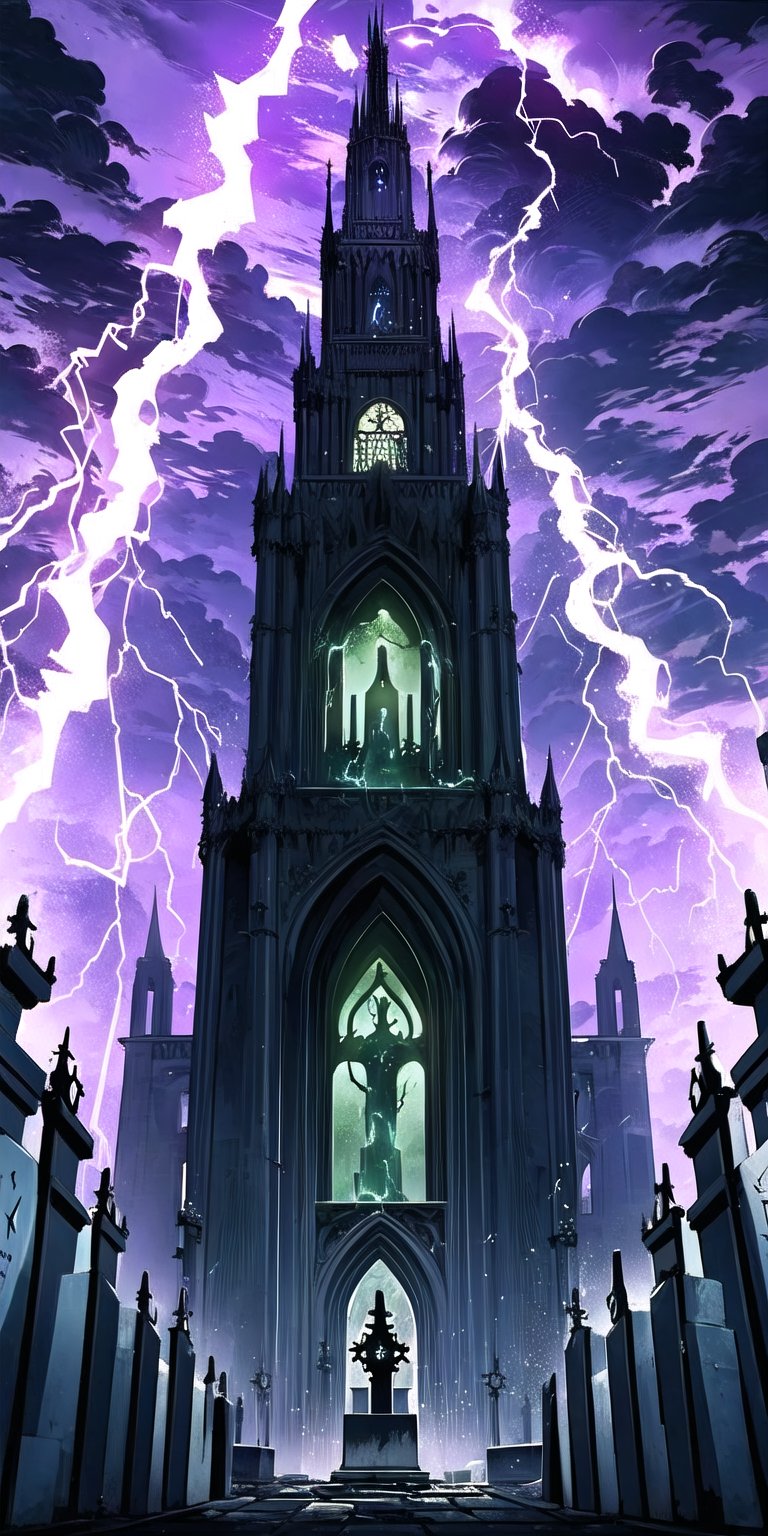 (Babel Tower), Ancient European towerlots of lightning in the sky, purple and white and blue lightning, (Extremely detailed)(dark and scary graveyard was full of green_flames)Gothic architecture, No human