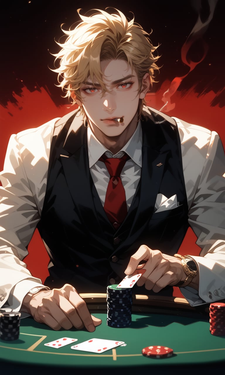 Masterpiece, score_9, score_8_up, ultra-detailed, 2D anime-style, male character, blonde hair, pale skin, playing poker, elegant suit and vest, holding playing cards, poker chips on table, luxury watch, relaxed yet intense expression, cigar in hand, dim lighting, high contrast, rich red background, dramatic atmosphere, refined and mysterious, gambling scene, casino environment, tension-filled moment, realistic shading, intricate details, cinematic composition