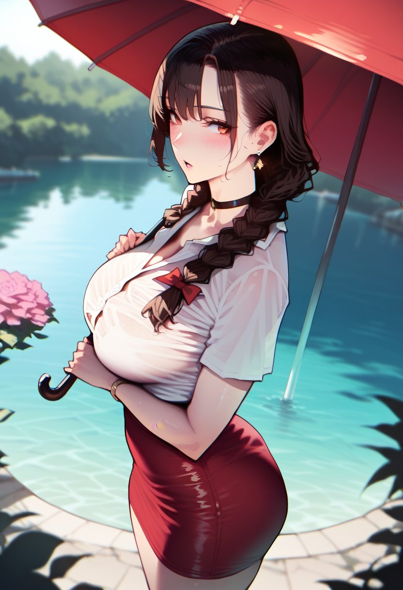 score_9, score_8_up, score_7_up, score_6_up, source_anime, <lora:WAW 0.2v:0.85>, WAW, curvy, curves, curvy body,1girl, solo, umbrella, braid, looking at viewer, oil-paper umbrella, blush, holding, holding umbrella, blurry, twin braids, skirt, long hair, outdoors, bangs, black hair, ribbon, brown eyes, depth of field, hair ribbon, choker, see-through, red skirt, earrings, short sleeves, jewelry, flower, looking to the side, breasts, from side, parted lips, red ribbon, shirt, open mouth, standing, blurry background, brown hair, water, sidelocks, red umbrella, reflection, from above,