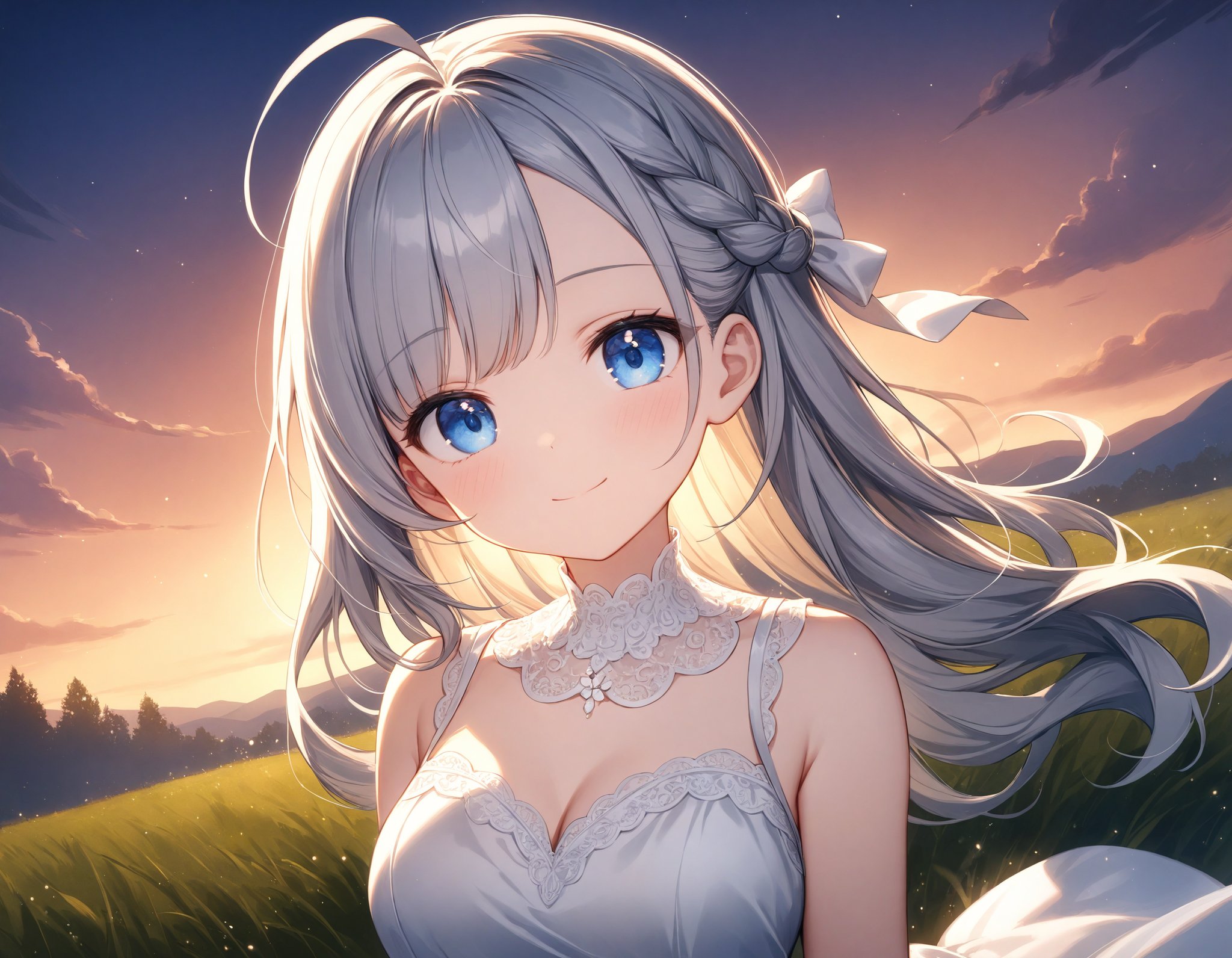 Depth of field. Portrait. Face focus. Cinematic angle. A cute girl. Solo. Serene smile. Close mouth. Contrapposto. Head tilt. Looking at viewer. (Round face:1.1). Detailed blue eyes. Tareme. Detailed body. (Medium breasts:1.05). Long wavy hair. Gray hair. Gray inner hair. Side french braid. Ahoge. Asymmetrical bangs. (White elegant dress:1.2). Satin dress. (White lace collar:1.2). Sleeveless. White layerd long skirt. Meadow. Sunset view. Summer. (Dusk:1.2). (Evening light:1.4). Medieval. Cute style. Watercolor. No lineart. Thin lines. Soft colors. Intricate details. Extremely detailed. Outstanding intricacies. (Masterpiece:1.2). (Best quality:1.2). (Absurdres absolutely resolution:1.4).