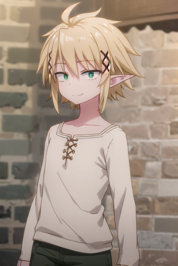 reviewerzel, <lora:reviewer zel male s1-lora-nochekaiser:1>,zel, short hair, bangs, blonde hair, hair ornament, (green eyes:1.5), male focus, pointy ears, x hair ornament, elf, smile,BREAK shirt, long sleeves, collarbone, white shirt, pants,BREAK outdoors,BREAK looking at viewer, (cowboy shot:1.5),BREAK <lyco:GoodHands-beta2:1>, (masterpiece:1.2), best quality, high resolution, unity 8k wallpaper, (illustration:0.8), (beautiful detailed eyes:1.6), extremely detailed face, perfect lighting, extremely detailed CG, (perfect hands, perfect anatomy),